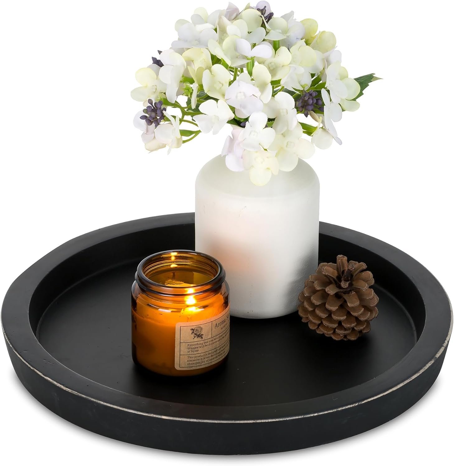 Hanobe Wooden Tray for Coffee Table: Candle Holder Plate Black Round Decorative Serving Tray – Vintage Table Centerpiece Rustic Farmhouse Home Decor