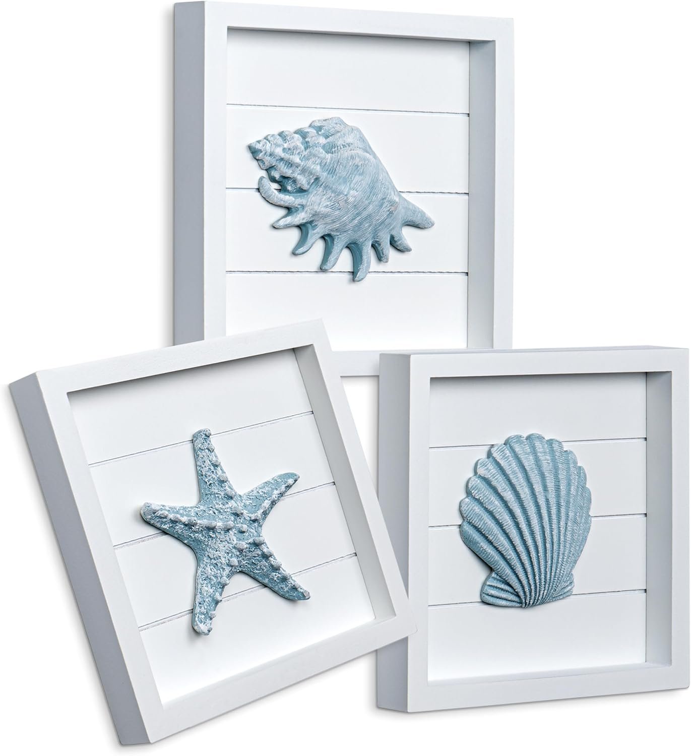 TideAndTales Blue Seashells and Starfish (Framed Set of 3) Coastal 3D Wall Art, Beach Wall Decor for Bathroom or Coastal Bedroom, Ocean Inspired Seaside Decorations for Home or Beach House (7″x7″)