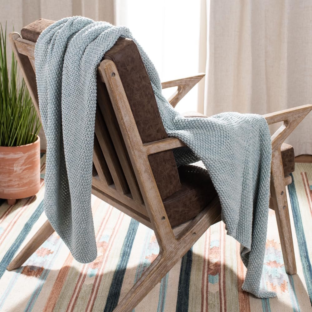SAFAVIEH Home Liliana 50 x 60-inch Knit Blanket Throw, Dull Blue/Natural