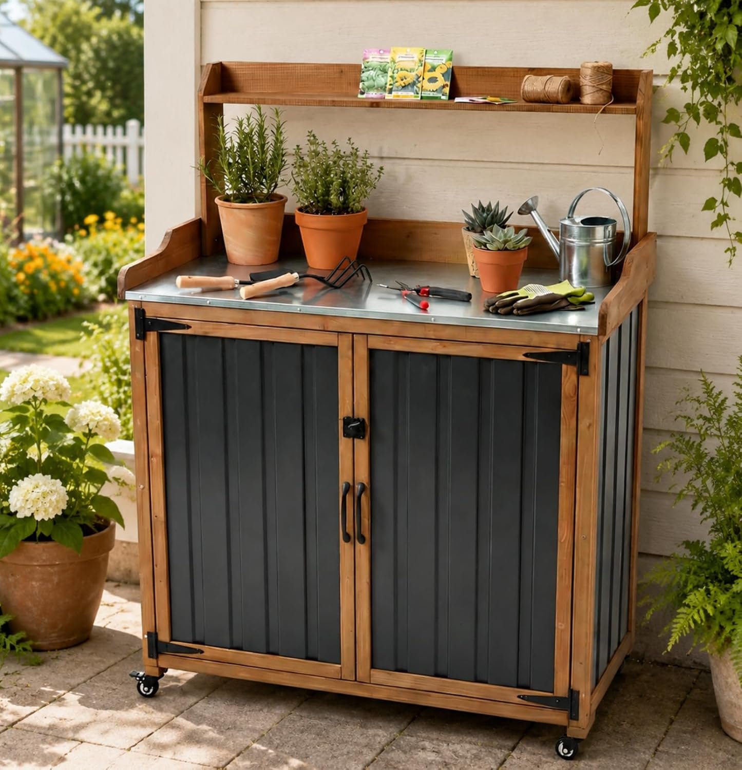 Mobile Garden Potting Bench with Storage Cabinet, Lockable Wheels & Adjustable Shelf, Waterproof Top Outdoor Workstation, Magnetic Door Latch, Edge Guard, for Patio, Backyard, Yard