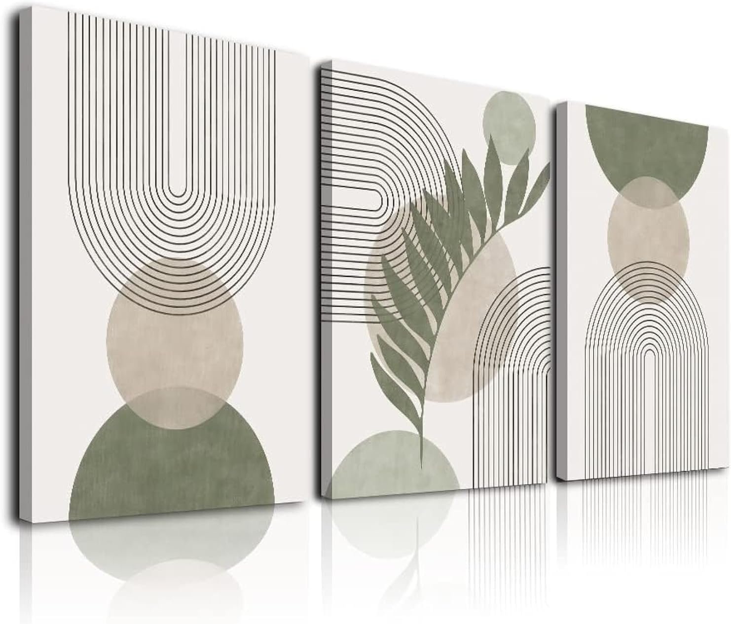 Sage Green Boho Wall Art Set of 3, Minimalist Framed Wall Art Geometric Line Leaf Sun Moon Beige Green Canvas Artwork Paintings, Abstract Botanical Boho Room Decor, Office, 12″x16″