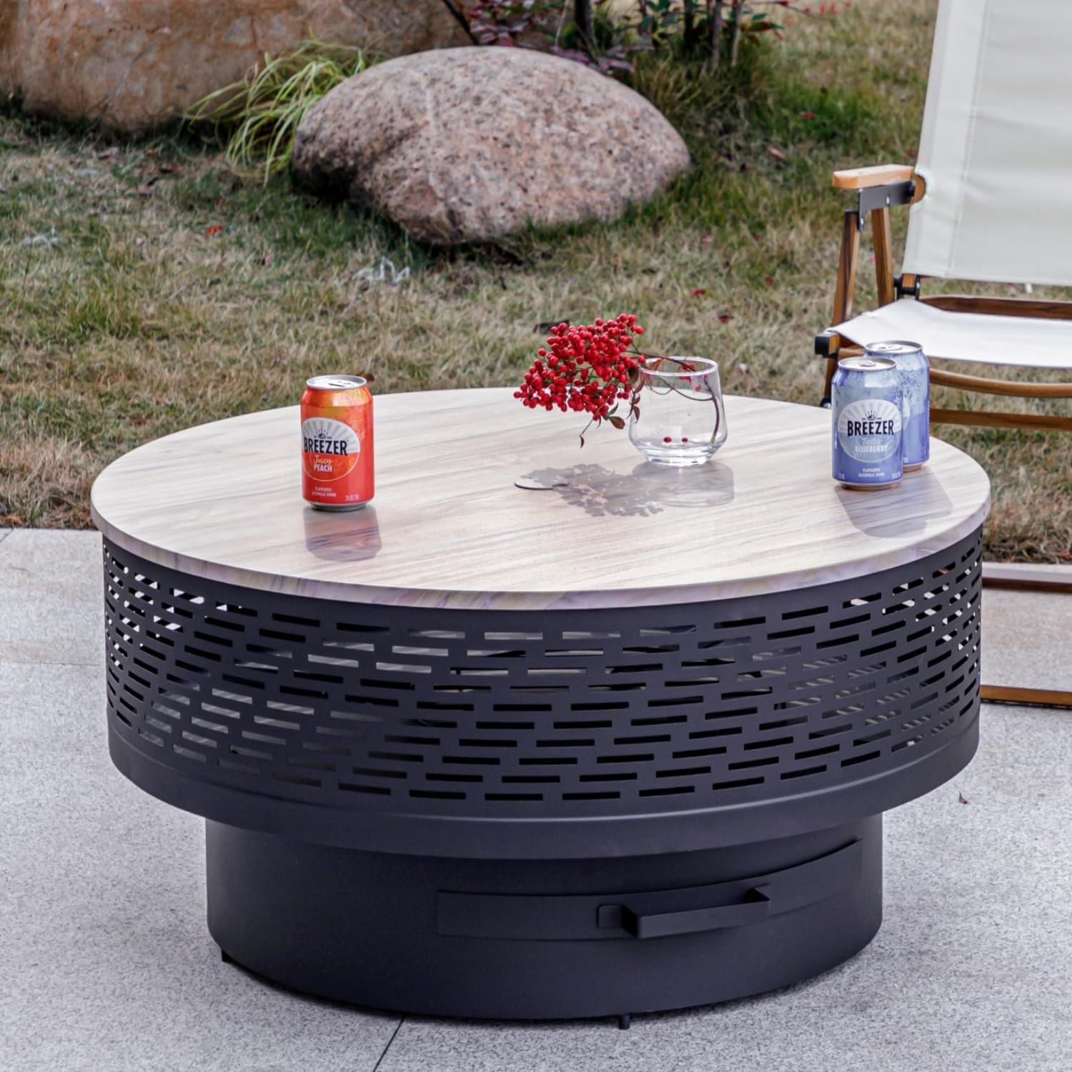 OutVue 32″ Wood Burning Fire Pits with Grill & Lid, Fire Pit Table for Outside with Waterproof Cover & Fire Poker, Outdoor Firepit with Functions for BBQ,Table and Bonfire