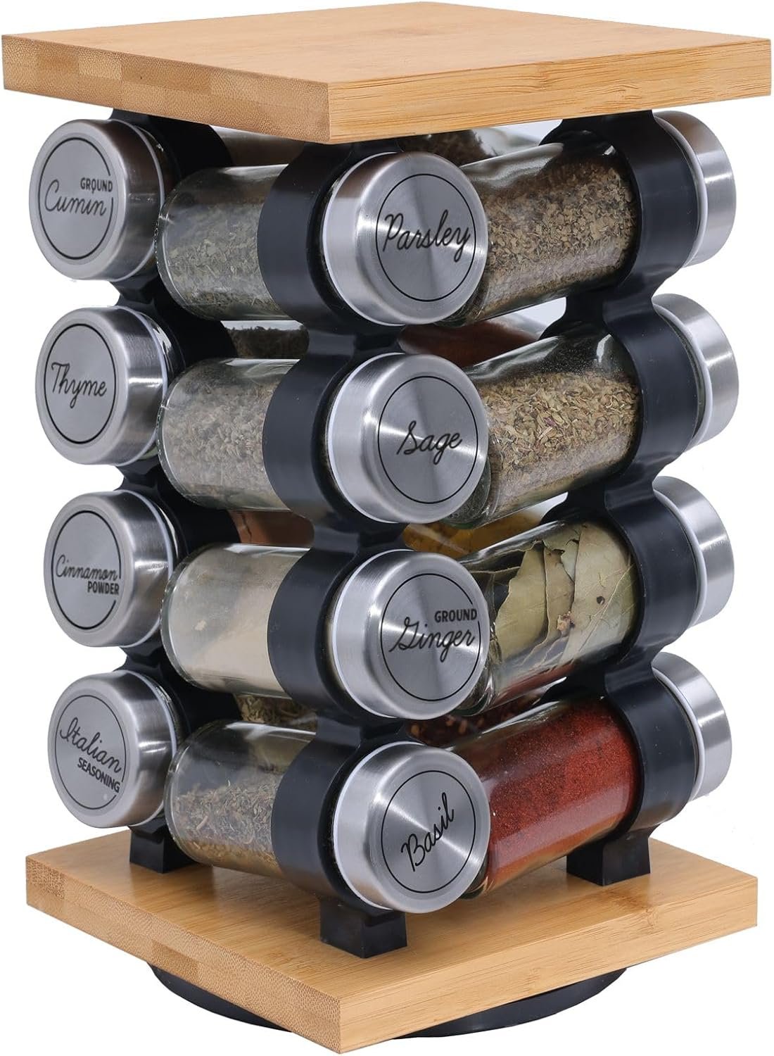 Orii 16 Jar Rotating Bamboo Spice Rack with Spices Included & 5-Year Spice Refill Program – Compact Countertop Spice Rack with Glass Jars | Spices Included, 5-Year Spice Refill Program, Compact Countertop, Glass Jars