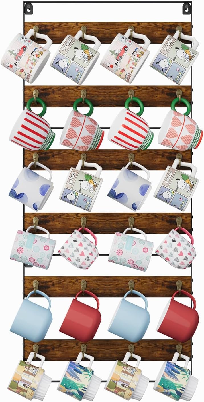 Huxitocan Wall Mount Coffee Mug Holder – Rustic Wood and Iron, Holds Up to 24 Mugs (3Pack) for Kitchen, Home, Coffee Bar