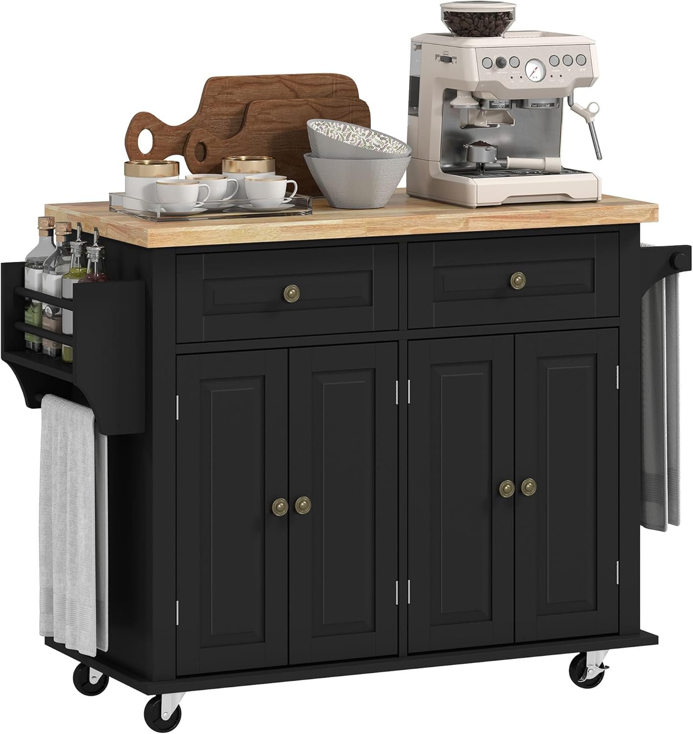 HOMCOM Kitchen Island Cart with Solid Wood Top, 44″ Mobile Kitchen Island Table on Wheels with Storage Cabinets, 2 Drawers, Adjustable Shelves, Spice Rack & Towel Bar for Dining Room, Black