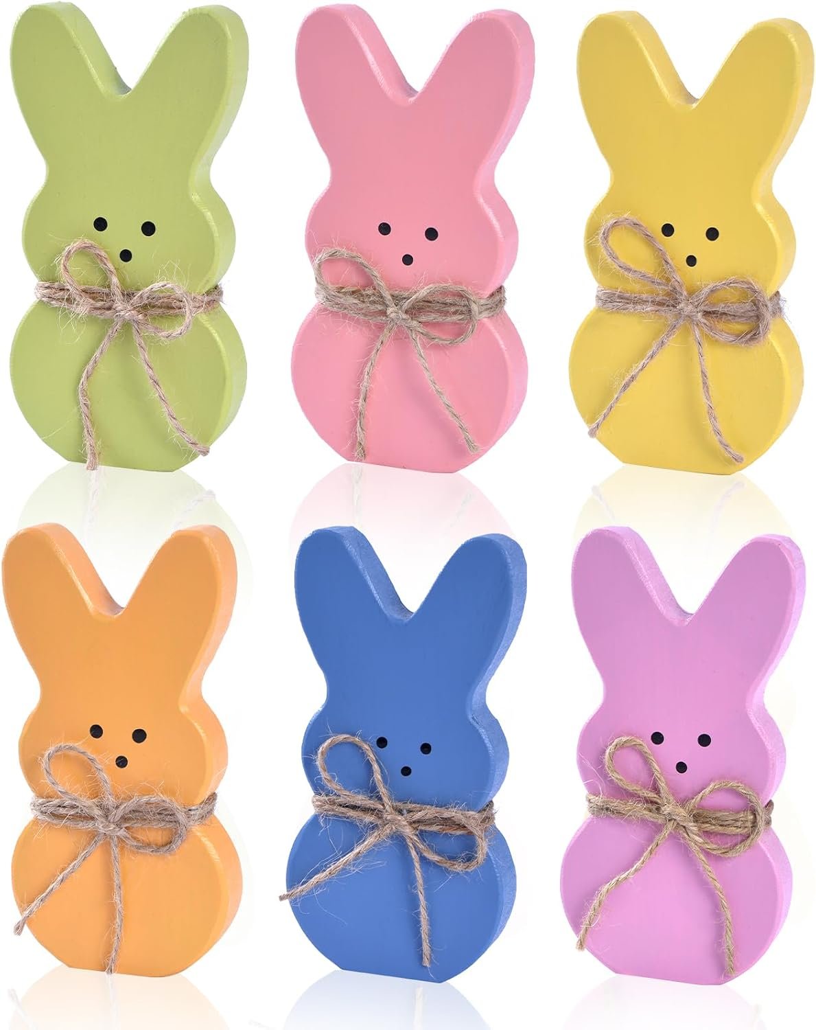 Wooden Easter Bunny Decor, 6PCs Easter Bunnies for Tiered Tray Decorations with Jute Rope, Colorful Rabbits for Spring Decoration for Table Centerpiece Office Shelf Holiday (6 colors)