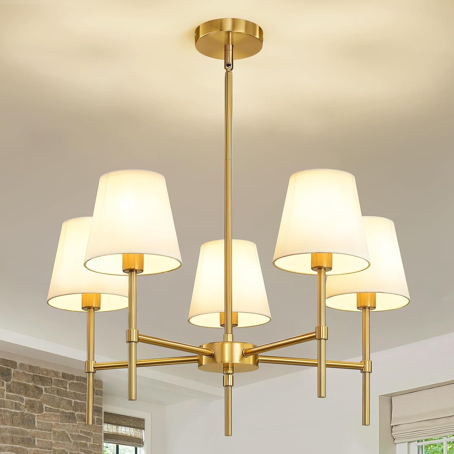 RUIYEY Dining Room Chandeliers Light – 5-Light Gold Modern Chandeliers Light Fixtures with White Fabric Shade, Height Adjustable Pendant Island Light for Entryway Farmhouse