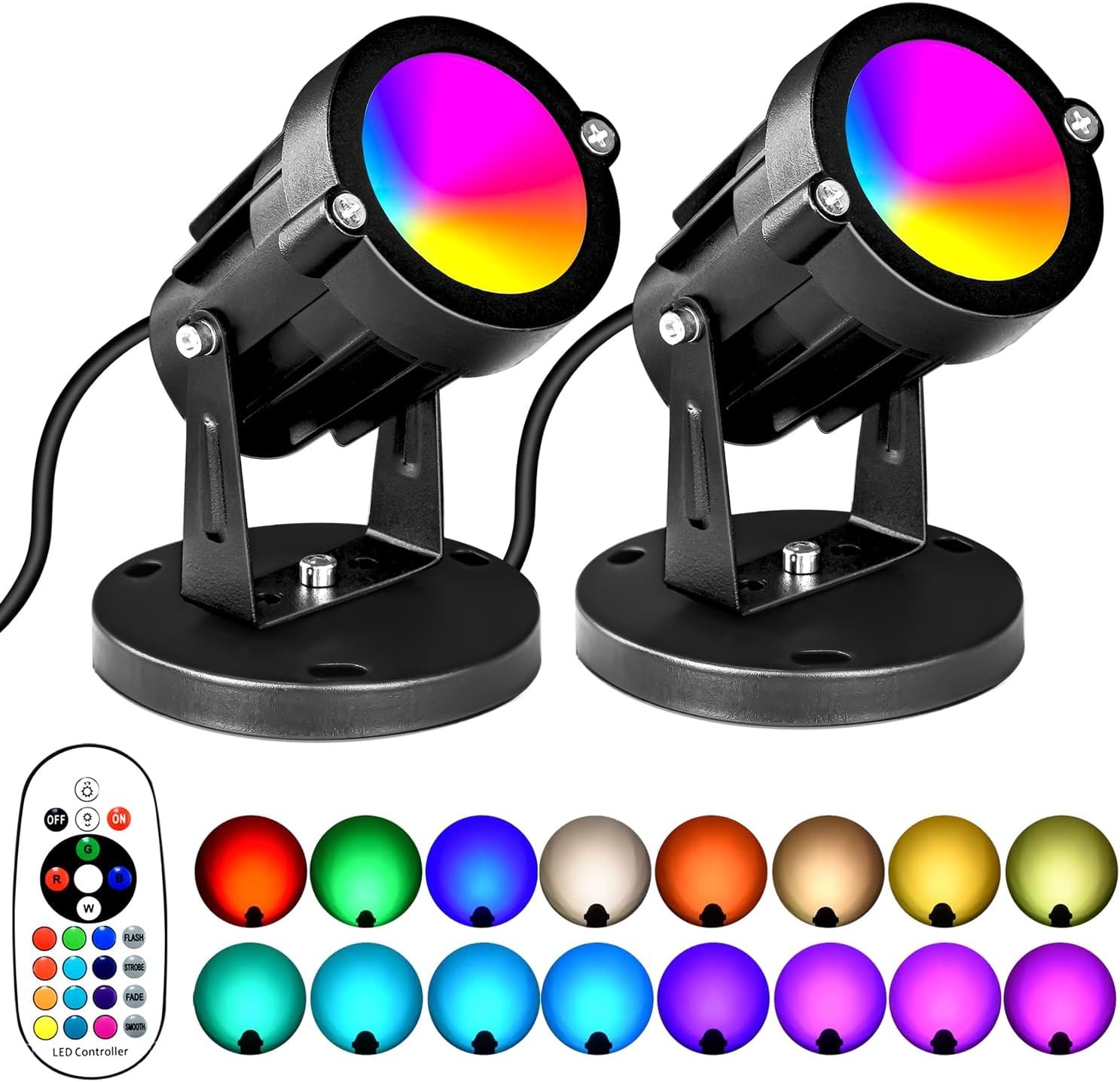 5W RGBW Landscape Lights, 16 Color Changing Spotlight 110V 120V Outdoor Landscape Lighting with Remote for Yard Garden Pathway(2 Pack with Base and Stake)