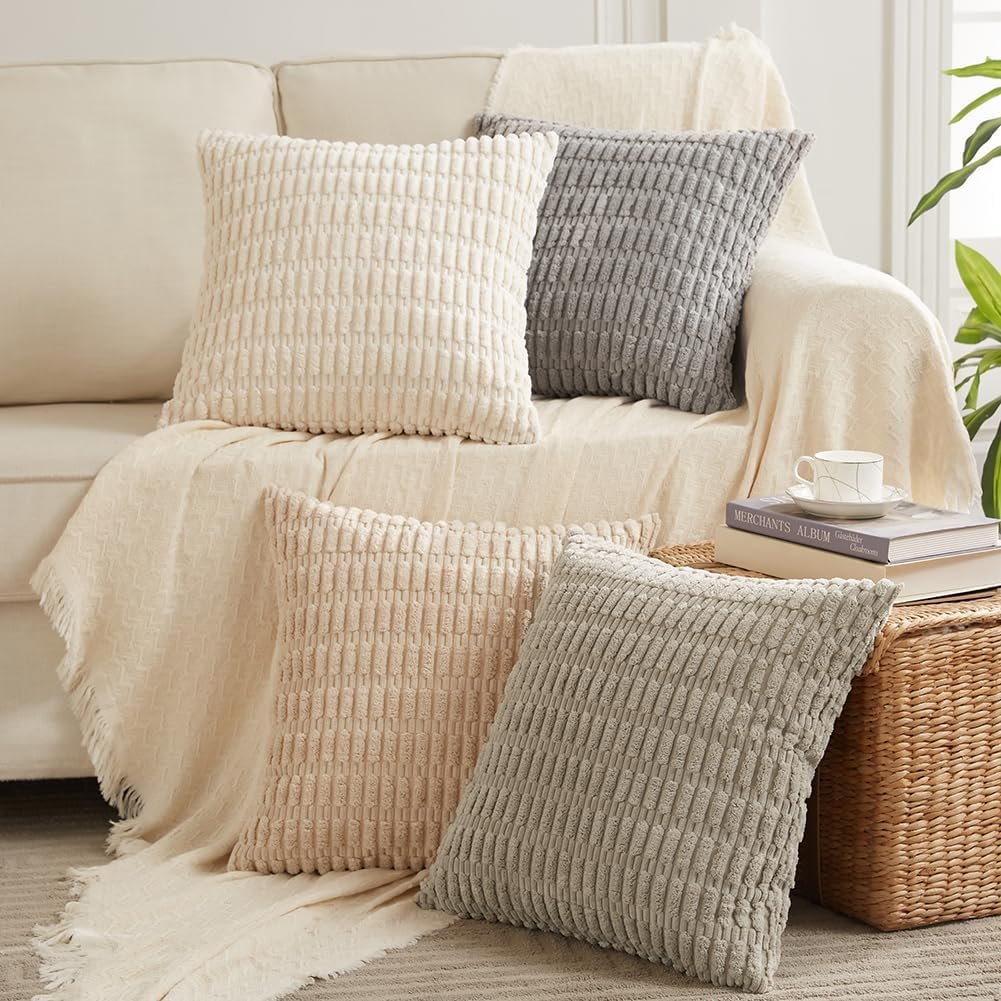 Fancy Homi 4 Packs Decorative Throw Pillow Covers for Living Room Couch Bed, Modern Farmhouse Boho Home Décor Accent Cushion Case, 18″ x 18″, Neutral