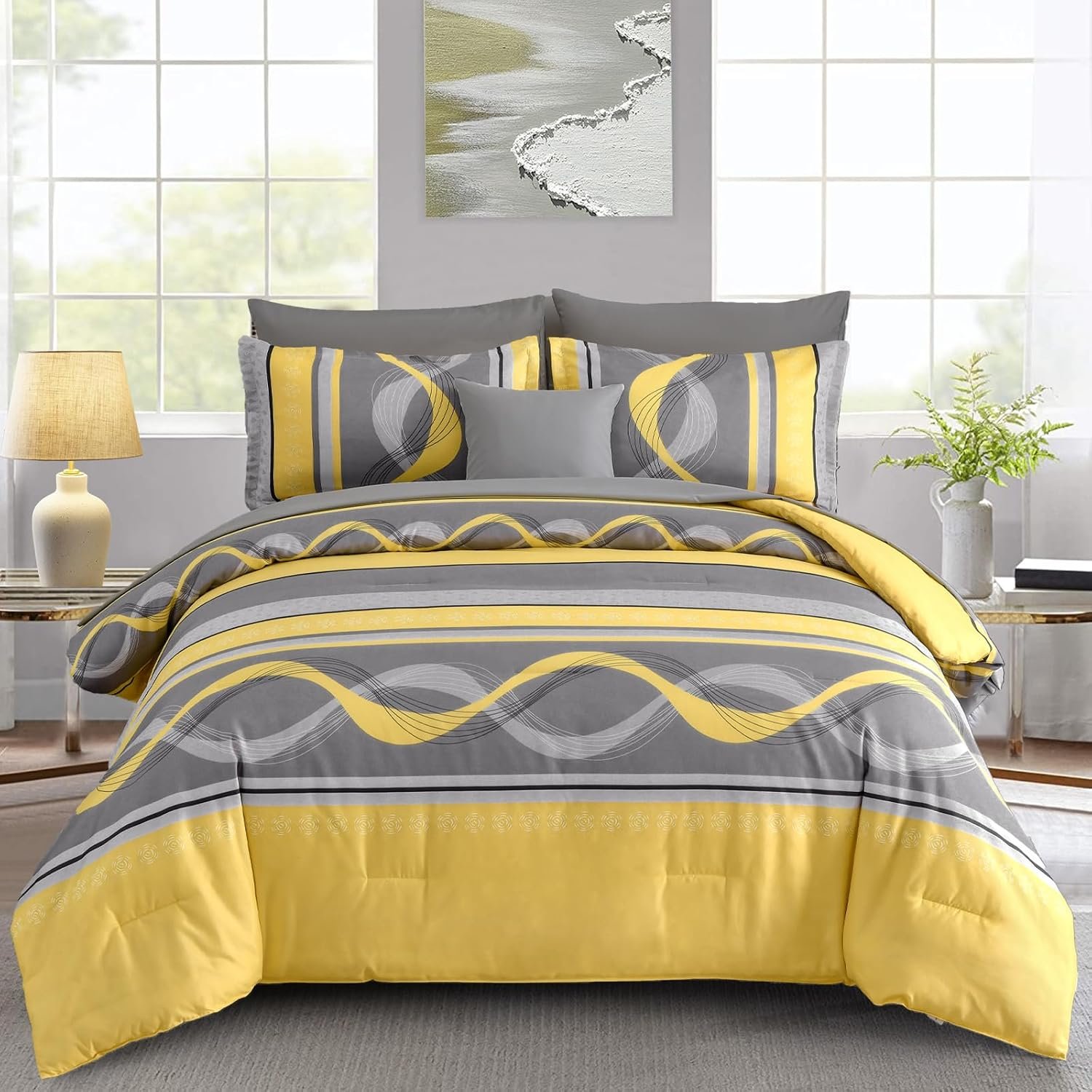 Anibedding Yellow Comforter Set Queen Size,8 Pieces Bed in a Bag Patchwork Striped Bedding Sets,Boho Soft Microfiber Bedding Set for All Season(90″×90″)
