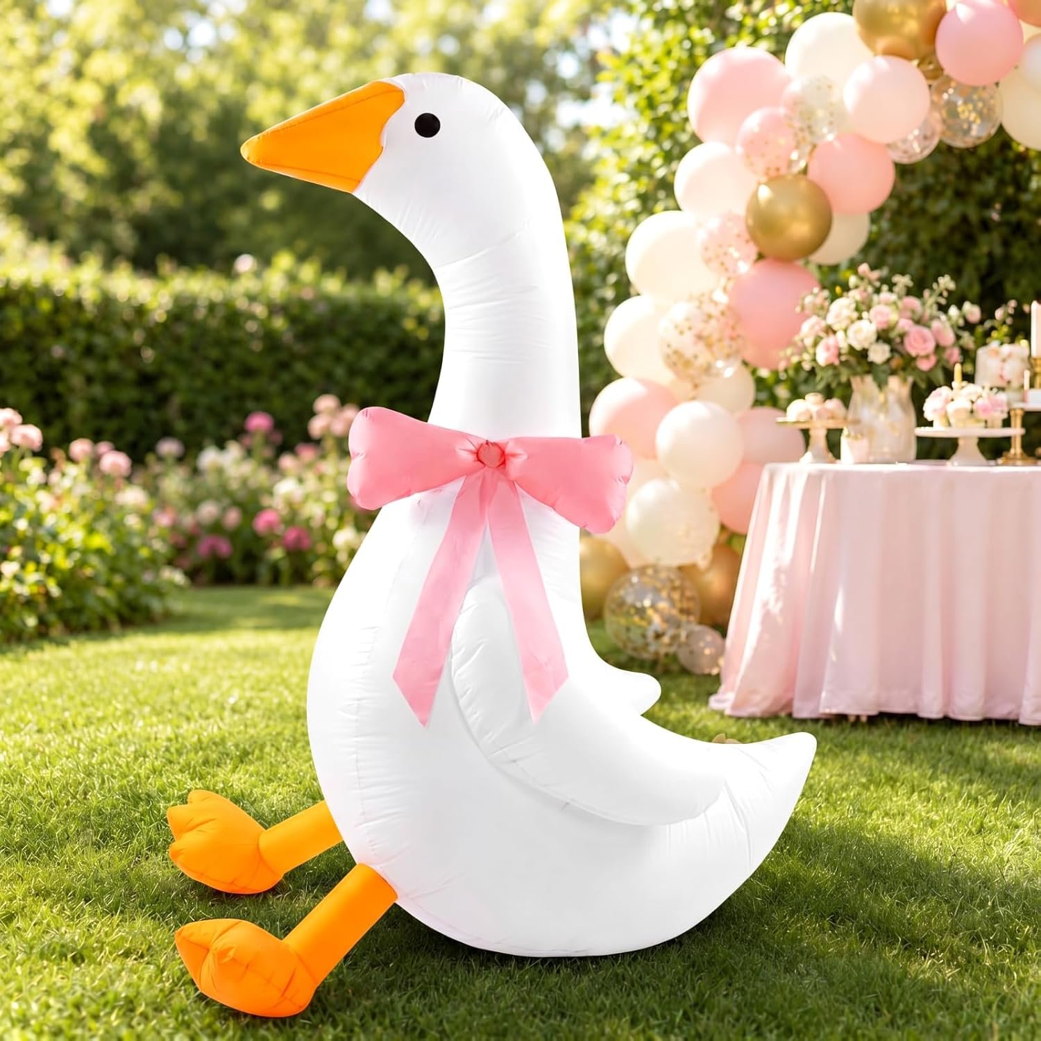 RoundFunny One Silly Goose Birthday Decor 6ft Inflatable Goose with Pink Bow Yard Decoration Giant Blow Up Garden Decor with Built-in LED Lights for Baby Shower – Includes Stakes Tethers & Blower