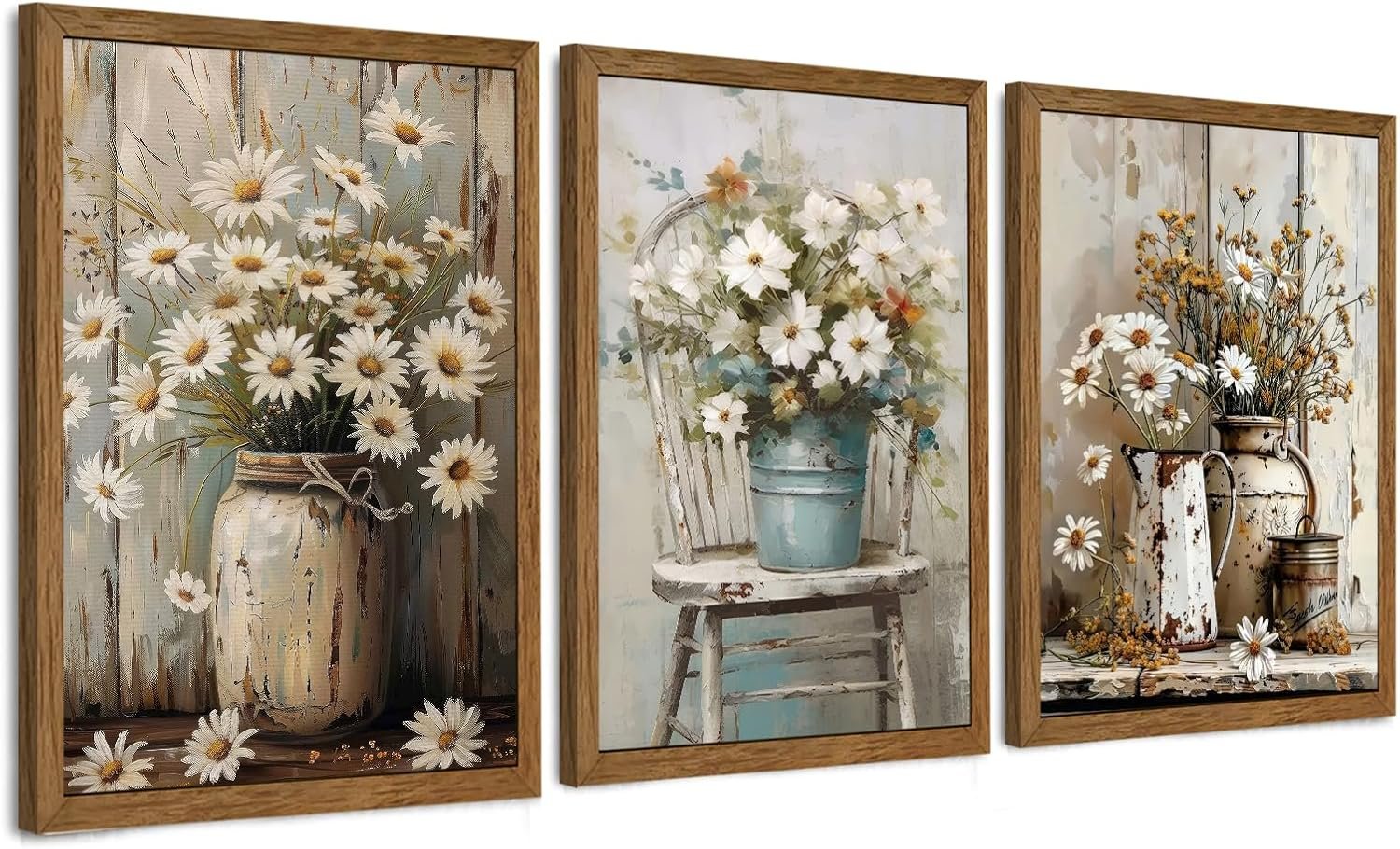 DUWQU 3 Piece Framed Elegant Farmhouse Canvas Wall Art, Vintage Floral Pictures Wall Decor, Nature Themed Daisy Art Prints for Living Room Bedroom Kitchen and Office Ready to Hang 12×16 Inches