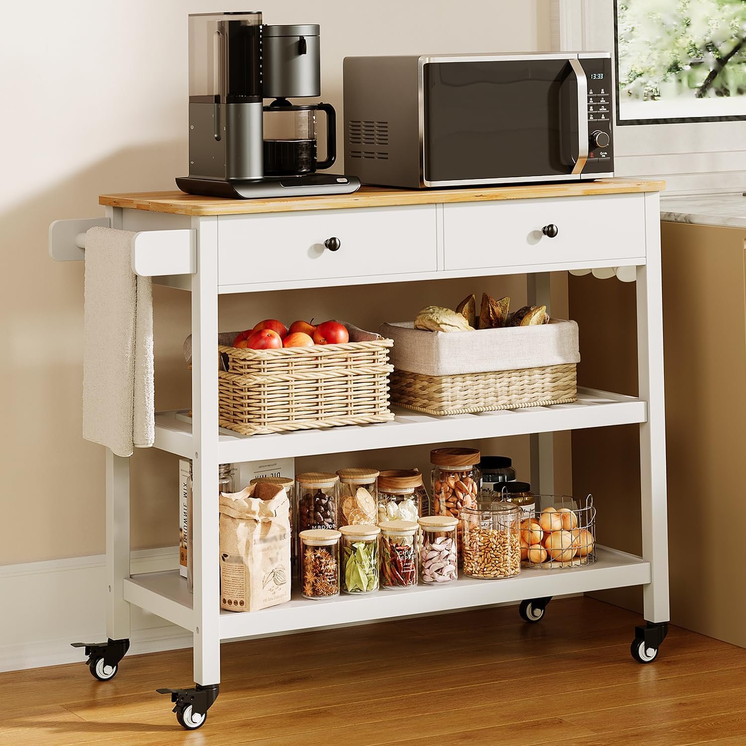 Gizoon Kitchen Island Cart on Wheels with 40” Wood Tabletop, 2 Open Tiers Spacious Storage Shelves and Towel Rack, Rolling Utility Cart with 3 Side Hooks and 2 Drawer for Dining Room, Bar, White