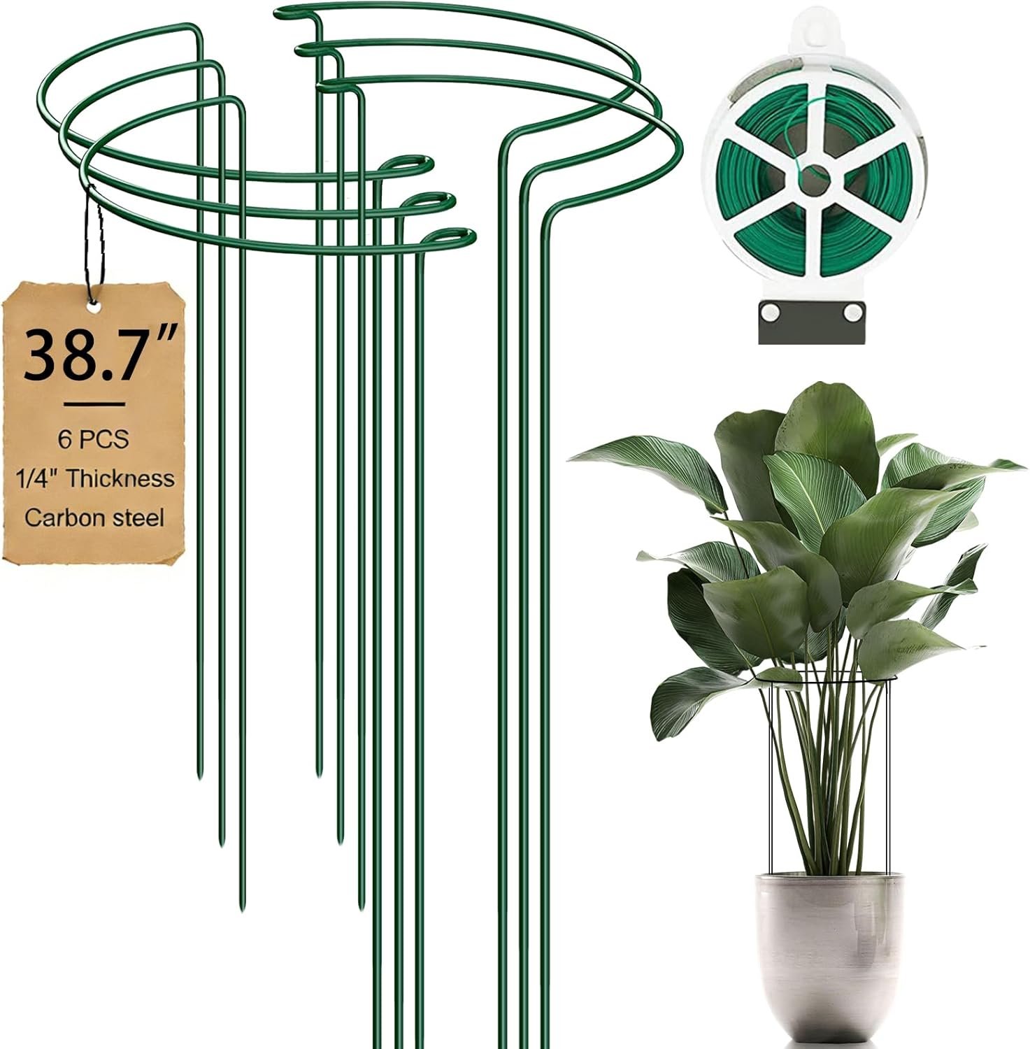 6-Pack 38.7” Plant Support Stakes, Steel Plant Cage & Peony Tomato Hydrangea Cage, Garden Stakes for Outdoor Plants, Heavy-Duty Plant Stakes, 16.7” Support + 22” Extension Tubes