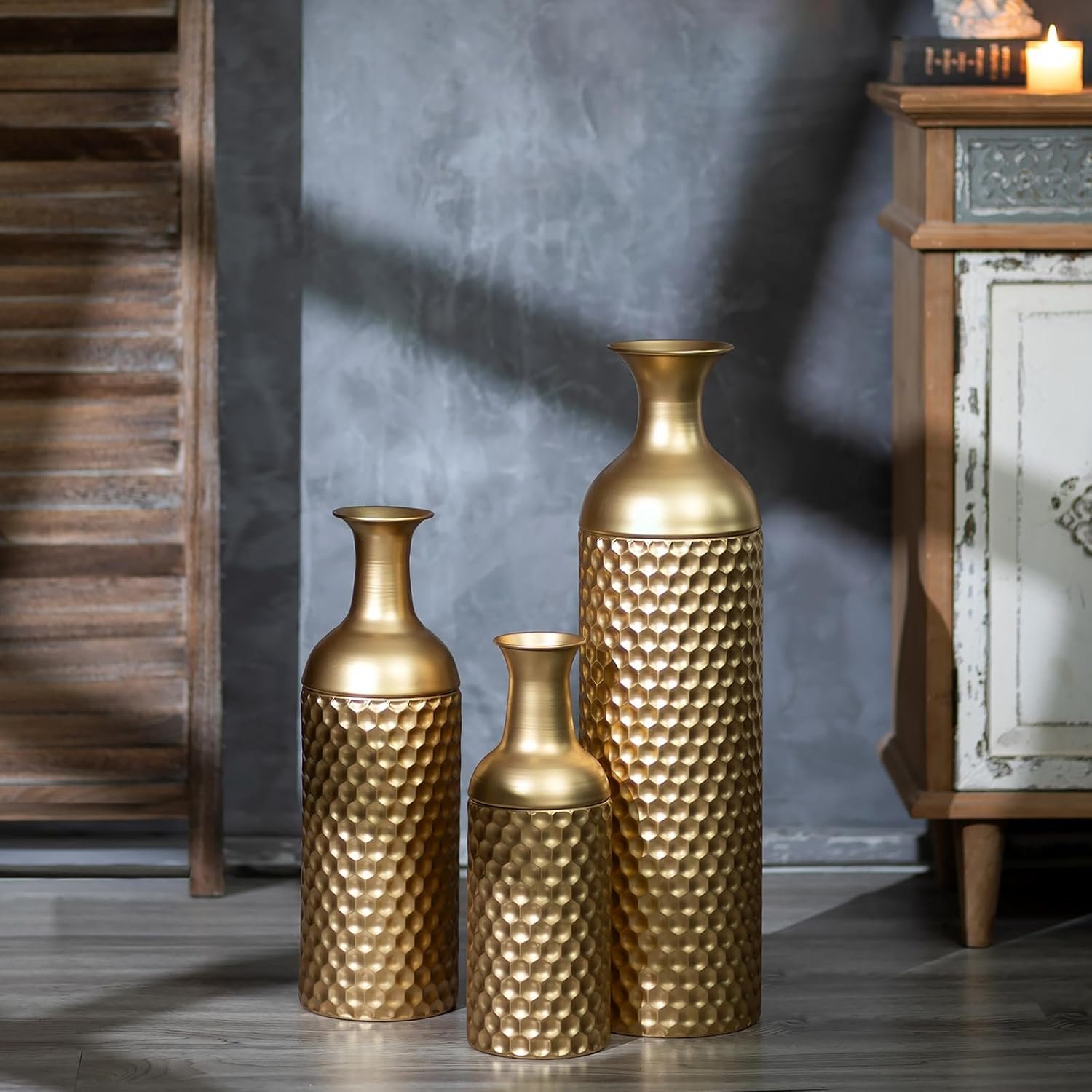 Sziqiqi Tall Gold Floor Vase: 27in Large Metal Floor Vase Decorative Tall – Set of 3 Modern Honeycomb Texture Big Standing Vases for Living Room Dining Bedroom Home Corner Hallway Indoor Office