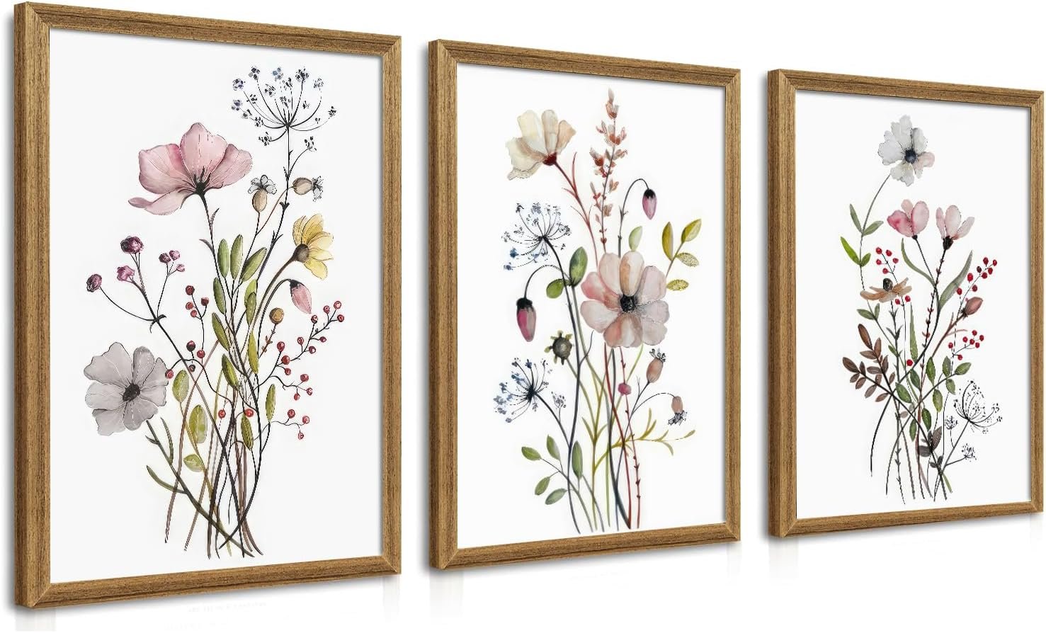 WRFON Framed Botanical Canvas Wall Art Set of 3, Watercolor Floral Prints, Framed Flower Wall Decor for Bedroom Bathroom Living Room, 12×16 Inch Each