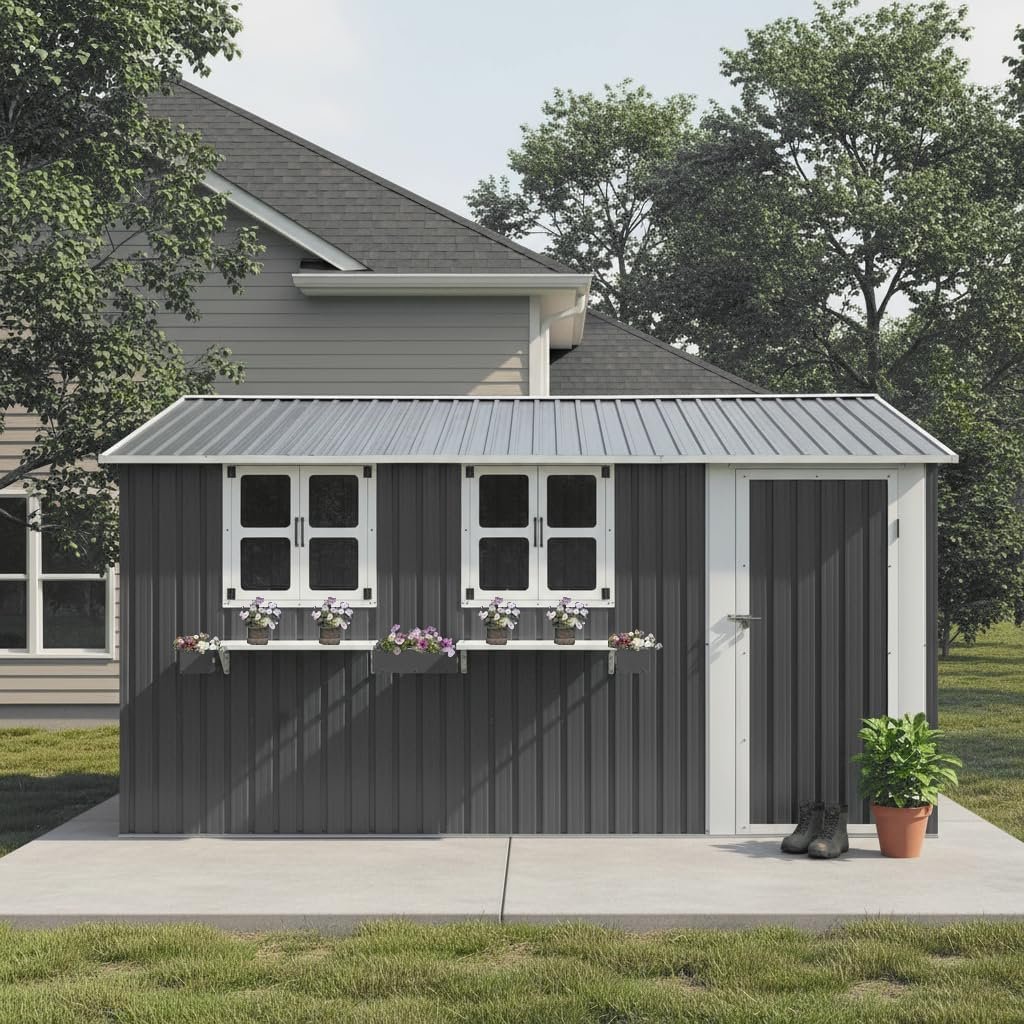 KEIKI 12×10 FT Outdoor Metal Storage Shed with 3 Clear Windows, Flower Rack Lockable Single Door Heavy Duty Steel Tool Shed Waterproof Rust Resistant Windproof for Backyard Garden Patio, Grey