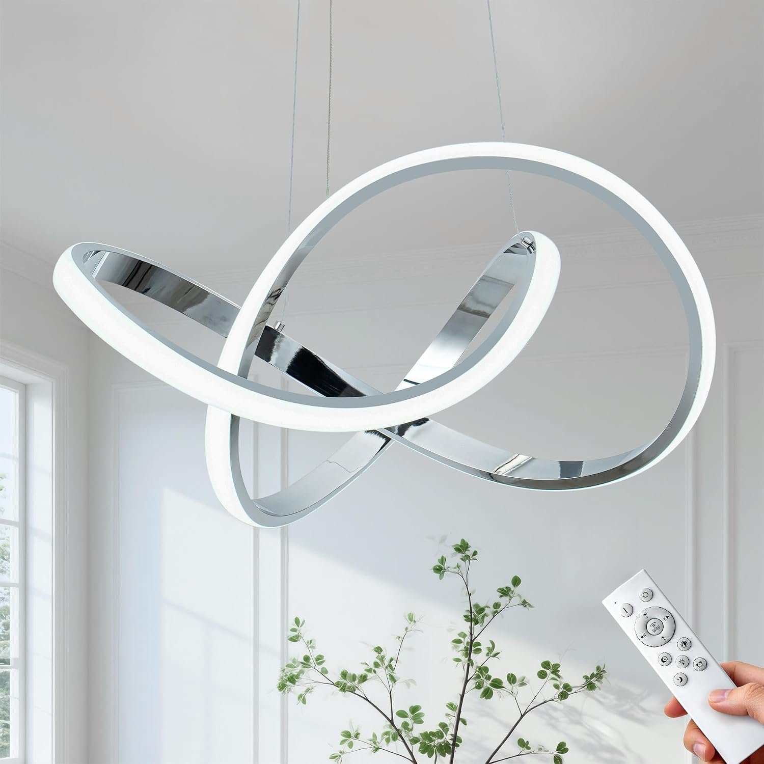 MAYNA Modern Chandelier with Remote Control, 3-Color Dimmable LED Pendant Light Fixtures, Height Adjustable Kitchen Island Lighting for Dining Room Kitchen Entryway Living Room, Chrome 25.6 inch