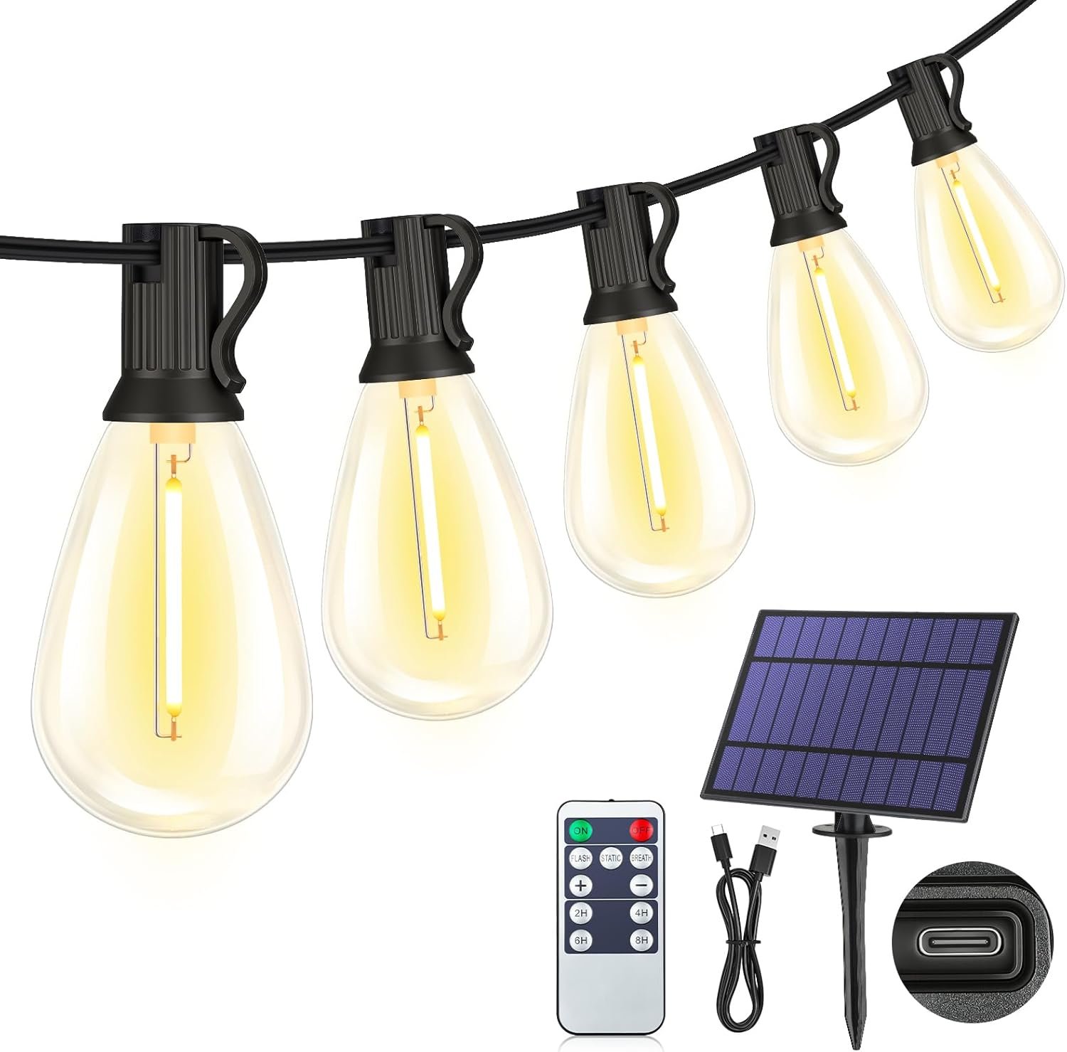 25FT Solar String Lights with Remote, 3 Lighting Mode Outdoor Waterproof Dimmable Patio Lights String with 10+1 Shatterproof S11 LED Bulbs for Backyard-Black
