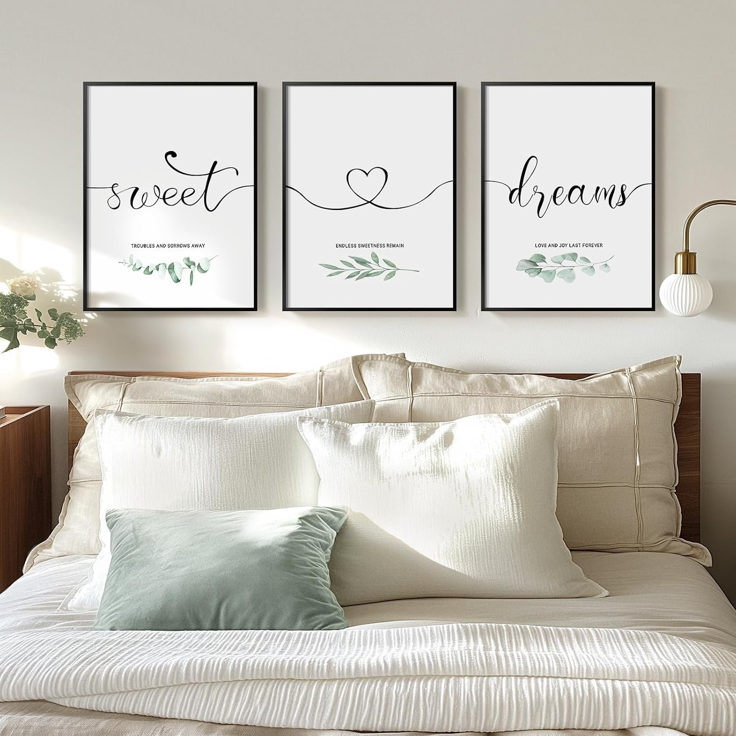 Framed 3 Piece Wall Art Bedroom, Sweet Dreams Signs Pictures Wall Decor Above Bed, Modern Minimalist Master Guest Room Wall Decor, Painting Print Script White Canvas Artwork for Walls, 12×16 Inch