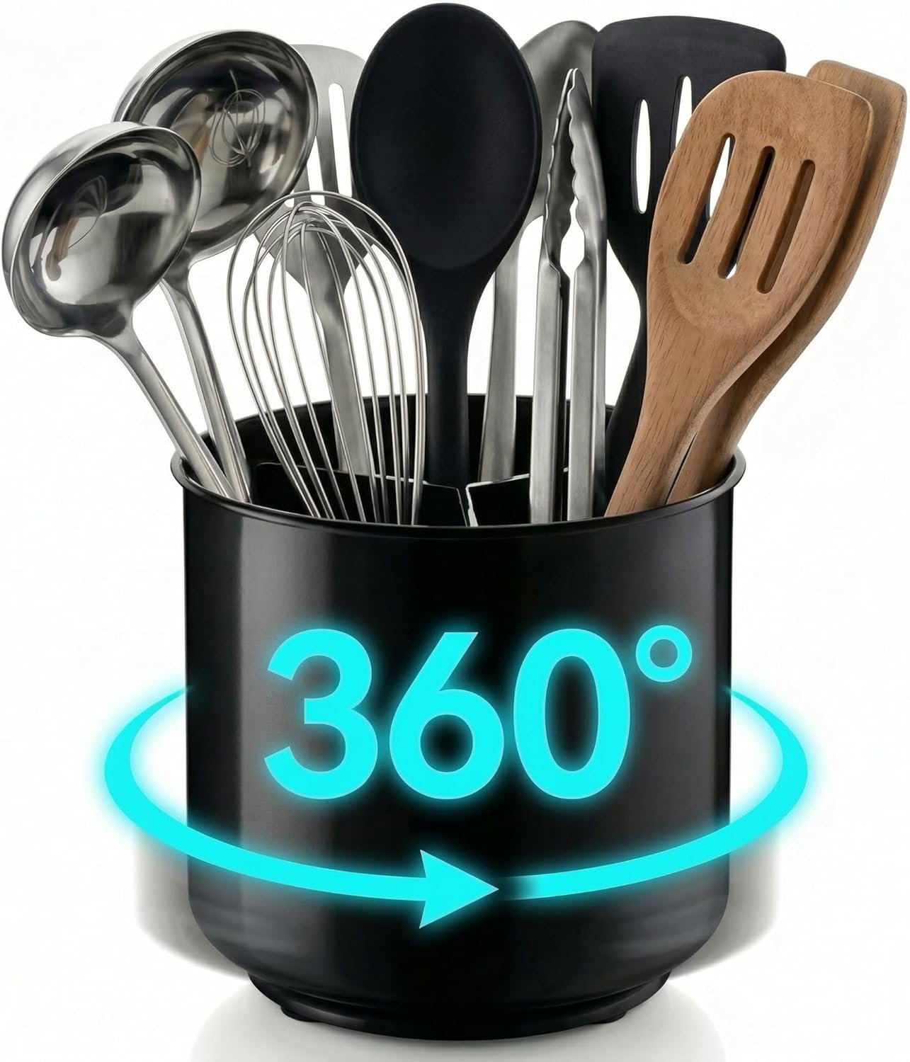 Cooler Kitchen Jumbo Extra Large Sturdy Rotating Black Utensil Holder Caddy with No-Tip Weighted Base, and Gripped Insert – Rust Proof and Dishwasher Safe Kitchen Utensils Holder