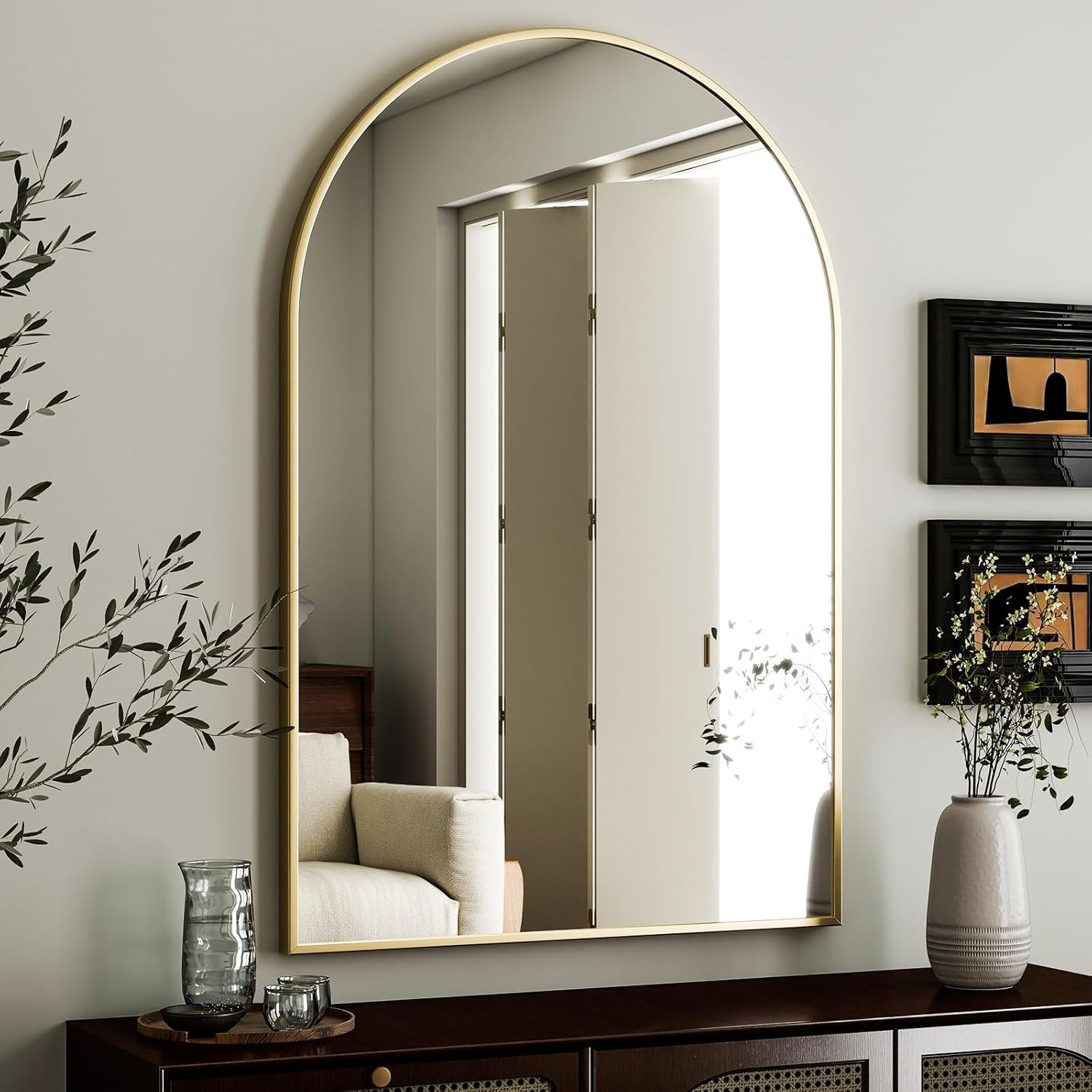 HARRITPURE Arched Wall Mirror – 24″x36″ Arch Bathroom Mirror, Gold Metal Frame Vanity Mirrors for Bedroom, Entryway, Living Room Home Decor