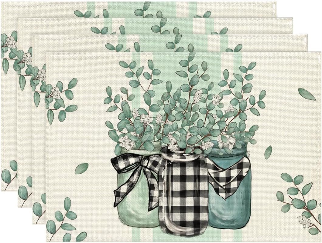 Artoid Mode Eucalyptus Buffalo Plaid Spring Placemats Set of 4, 12×18 Inch Vase Seasonal Table Mats for Party Kitchen Dining Decoration