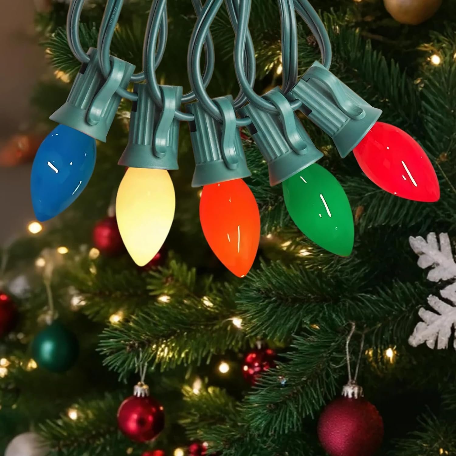 C7 Christmas Lights Outdoor, 25FT Vintage String Lights with 27 Multicolor Ceramic Bulbs for Patio Backyard Balcony Porch Decor, UL Listed, Waterproof Connectable, Classic Incandescent Glow