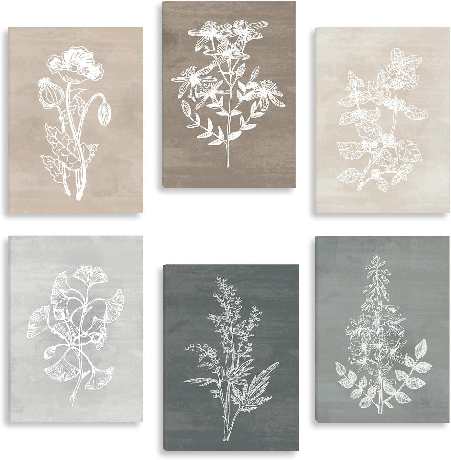 BINCUE Neutral Botanical Plant Canvas 6 Pieces Wall Art Rustic Wall Decor Farmhouse Wall Paintings Botanical Prints Simple Plants Wall Pictures Minimalist Flower Decor for Living Room Bedroom Bathroom Office Dining Room 12″x 16″
