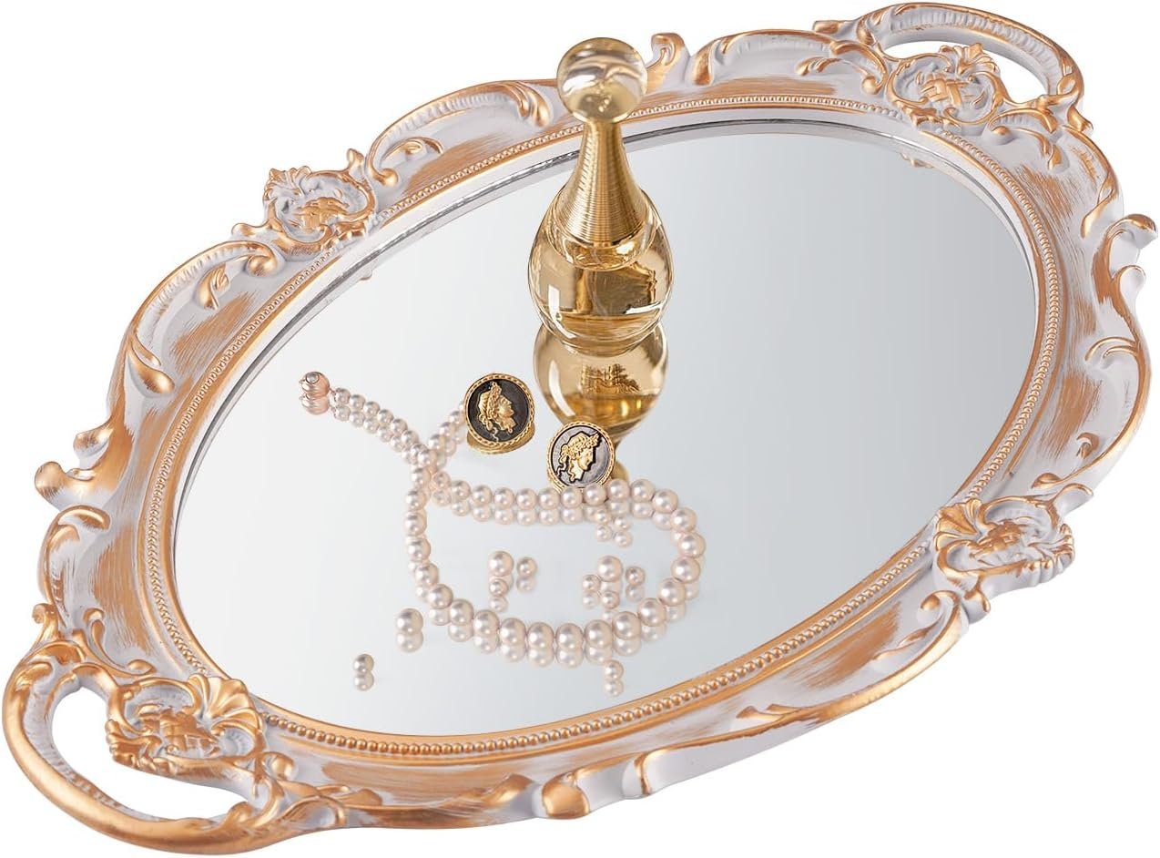 XPXKJ Vintage Gold Mirror Tray Vanity Tray for Dresser Perfume Storage Decorative Mirrored Glass Tray Coquette Room Decor, Bedroom, Bathroom Oval Antique Serving Makeup Organizer