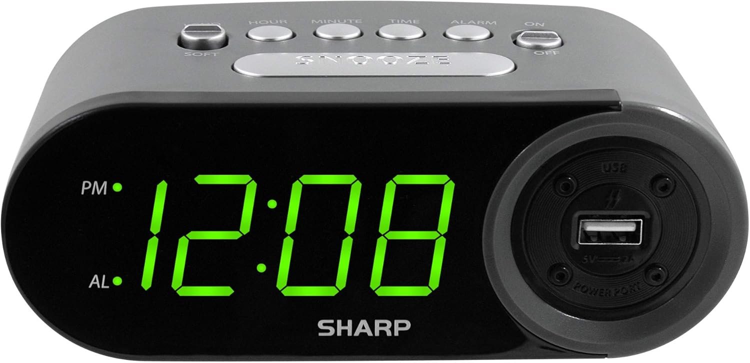 Sharp Digital Easy to Read Alarm Clock with 2 AMP High-Speed USB Charging Power Port – Charge Your Phone, Tablet with a high Speed Charge! Simple, Easy to Use Operation, Black – Green LEDs