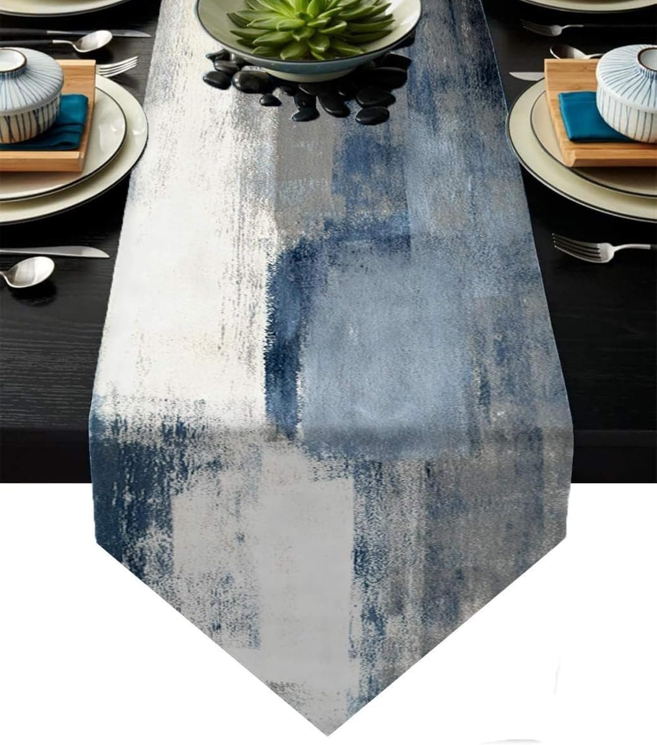 Blue and Grey Table Runner 13×72 Inch Modern Abstract Art Painting Kitchen Dinning Table Decoration for Home Party Décor