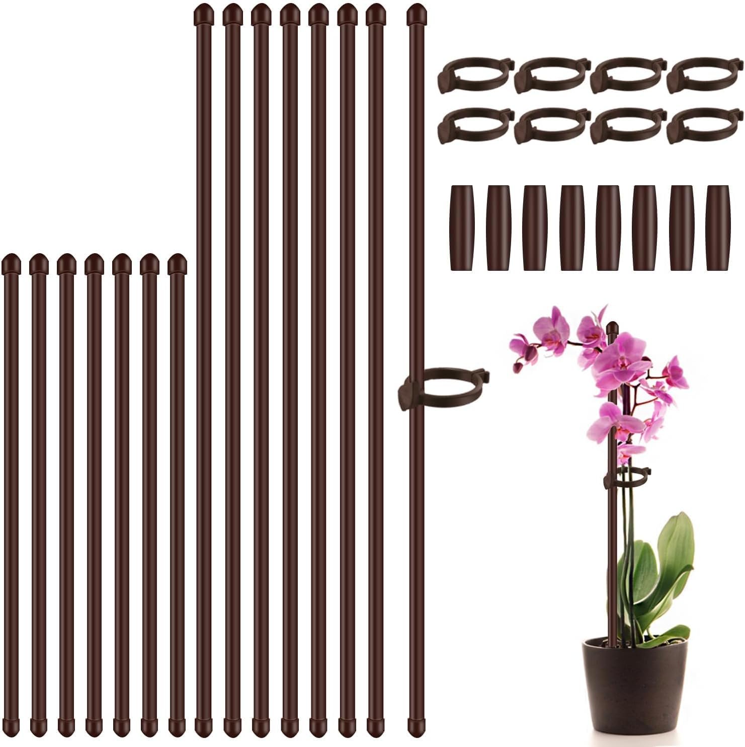 Plant Stakes 17inch &11inch SupKing 16Pcs Adjustable Flower Support Poles Orchid Sticks with Clips for Indoor Outdoor Garden Potted Tomato Rose Amaryllis Vegetables Comes with 20 Ties (Brown)