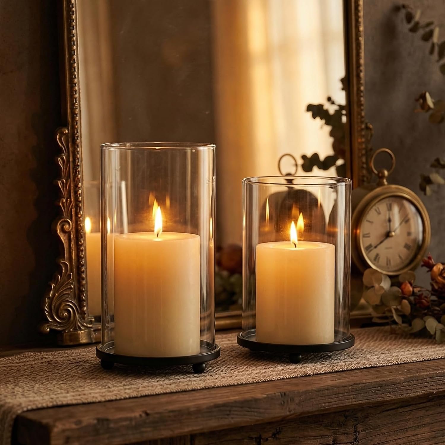 Hurricane Candle Holders Set of 2 – Pillar Candle Stands with Glass Sleeves for Fireplace Mantel & Dining Table Centerpiece Decor (Black)