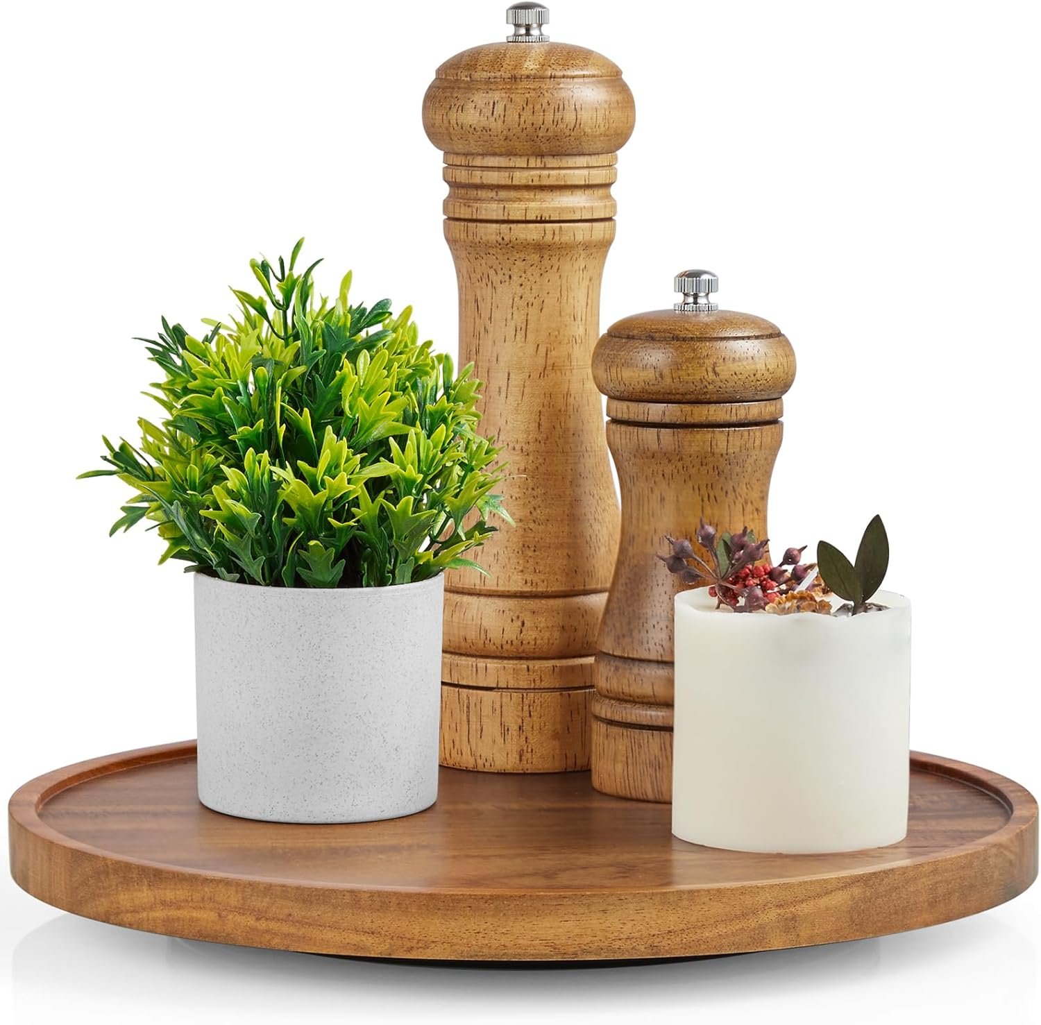 10″ Acacia Wood Lazy Susan Turntable Organizer for Cabinet, Round Serving Tray Decorative Tray Vintage Centerpiece Candle Holder Tray, Farmhouse Tray for Kitchen Countertop Coffee Table Decor