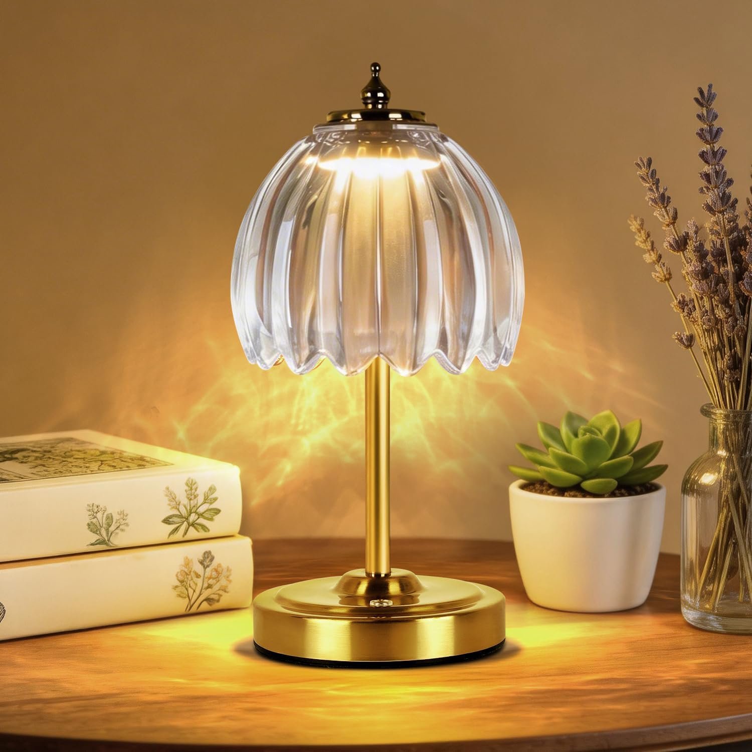 WERFOP Small Tulip Glass Desk Lamp (Transparent) | 5400mAh Battery Operated,Cordless,Rechargeable, 3 Color Temperatures,Touch Control, Perfect for Living Room, Bedroom, Patio