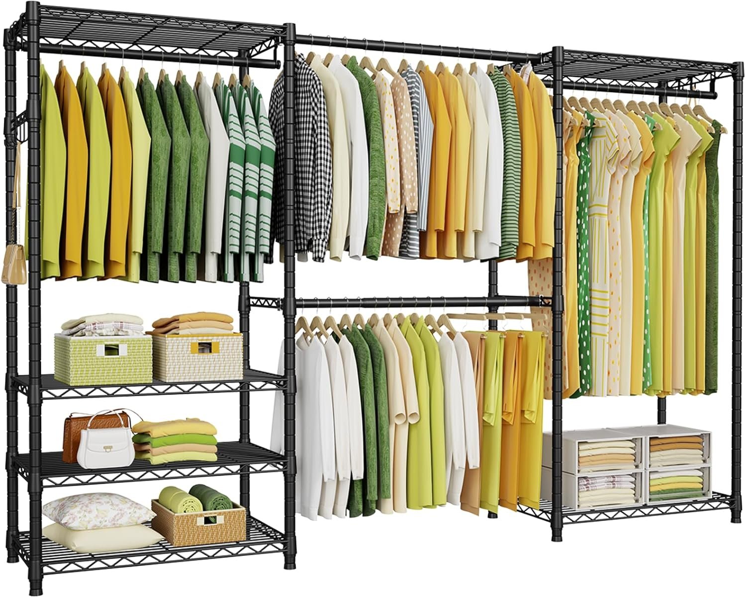 Ulif E1 Heavy Duty Closet Garment Rack, 6 Tiers Adjustable Metal Freestanding Expandable Clothing Storage with 4 Hanger Rods, Easy to Assemble Wardrobe Suit for 70 to 88.2″ Space, 14″D x 71.4″H, Black