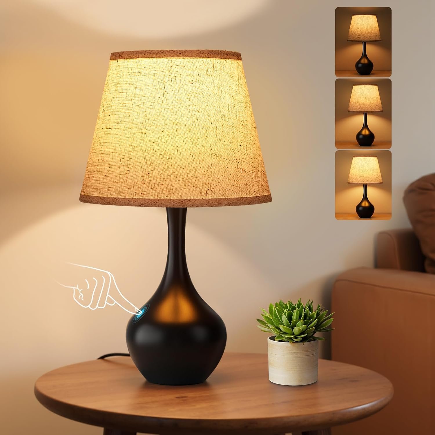 Seealle 16.1″ Touch Table Lamps for Nightstand, 3-Way Dimmable Small Bedroom Lamps for Night Stands, Black Bedside Lamps for Living Room, Kids Room, End Table