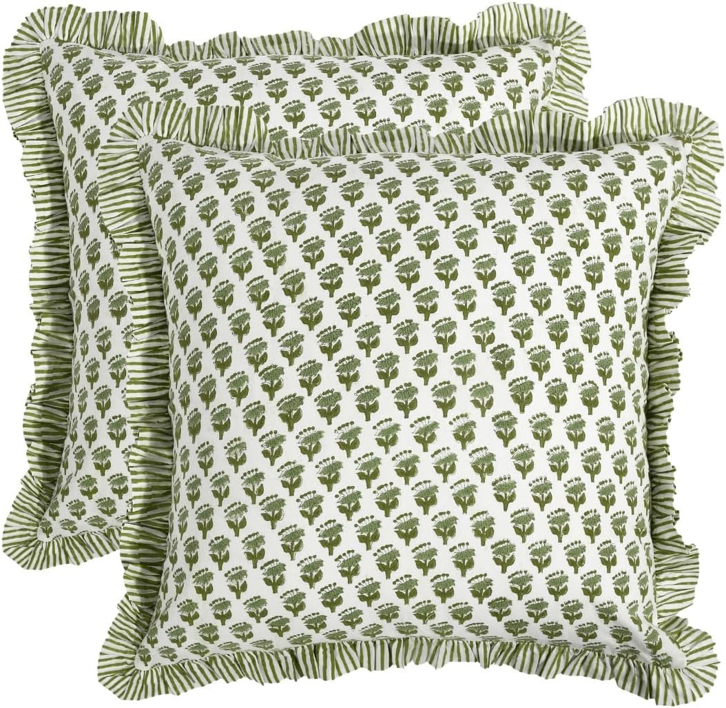 CPC Block Print Ruffle Throw Cover Emerald Green 20″x20″ Inch Pack of 2-100% Cotton Ruffle Couch Decorative Boho Pillows Case for Living Room, Bedroom, Sofa, Farmhouse Gift for Spring, Mother’s Day