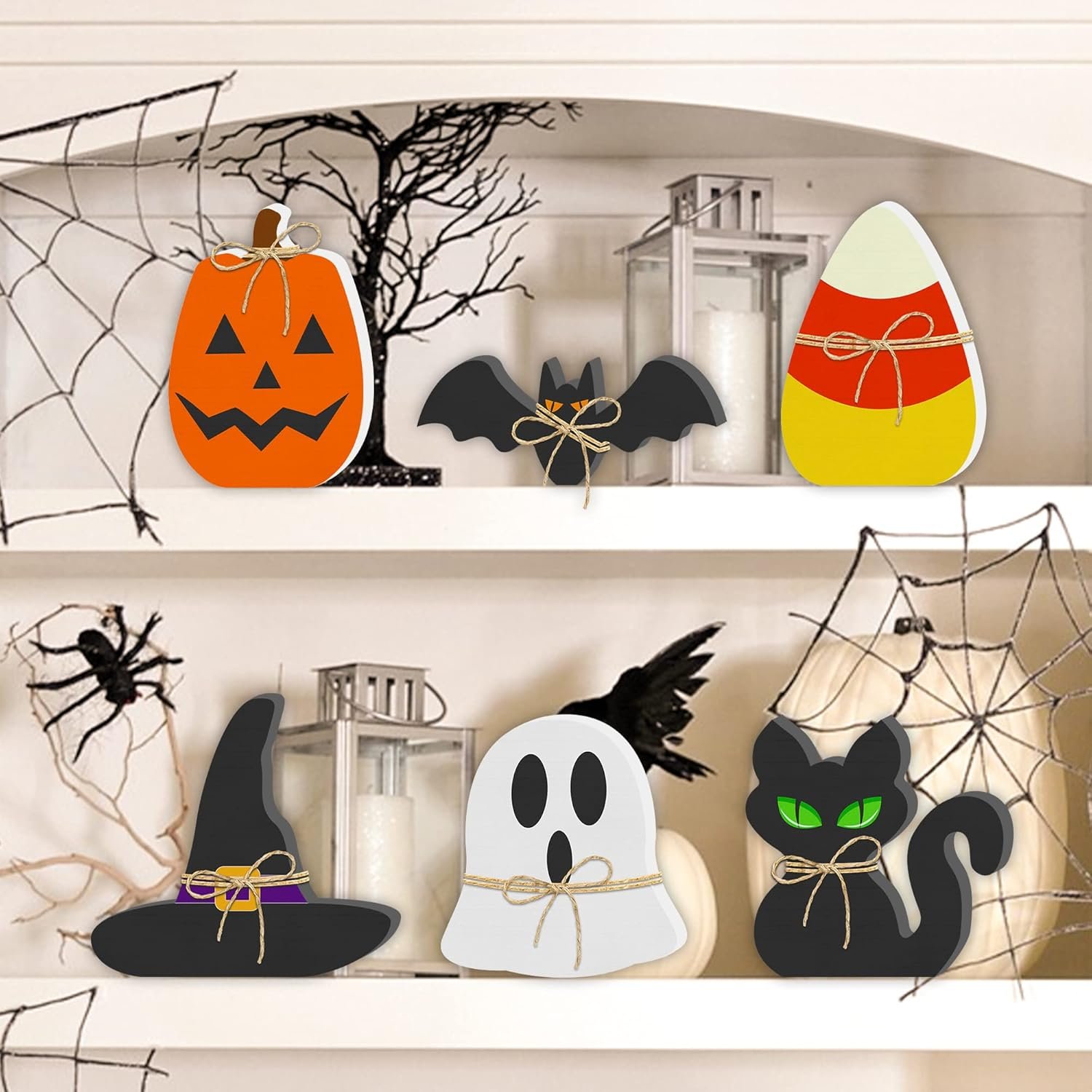 6PCS Halloween Wooden Decor – Halloween Decorations Wooden Signs Include Pumpkin Ghost Bat Black Cat Witch Hat Candy Corn Freestanding Table Signs Tiered Tray Decor for Rustic Farmhouse Home Mantle