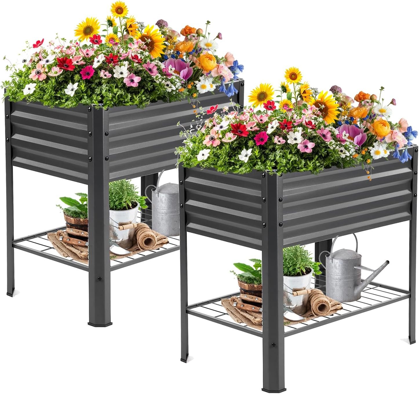 Raised Garden Bed with Legs and Shelf, 2pcs 32″x20″x31.5″ Powder Coated Elevated Metal Planter with Legs for Outdoor Vegetables, Standing Raised Beds for Balcony, Patio, Lawn and Backyard
