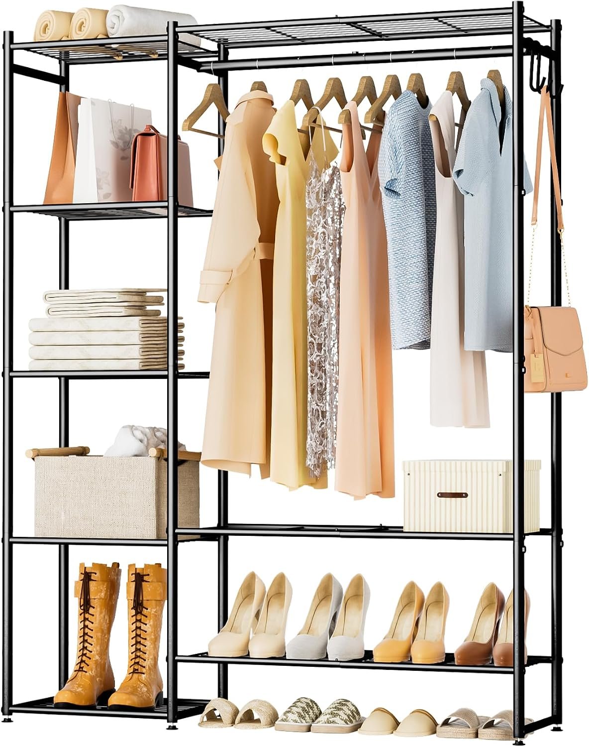 Neprock Wardrobe Closet, Portable Clothing Rack for Hanging Clothes, Free Standing Closet Organizers and Storage System with 4 Tiers Shelves for Cloakroom Bedroom,Black