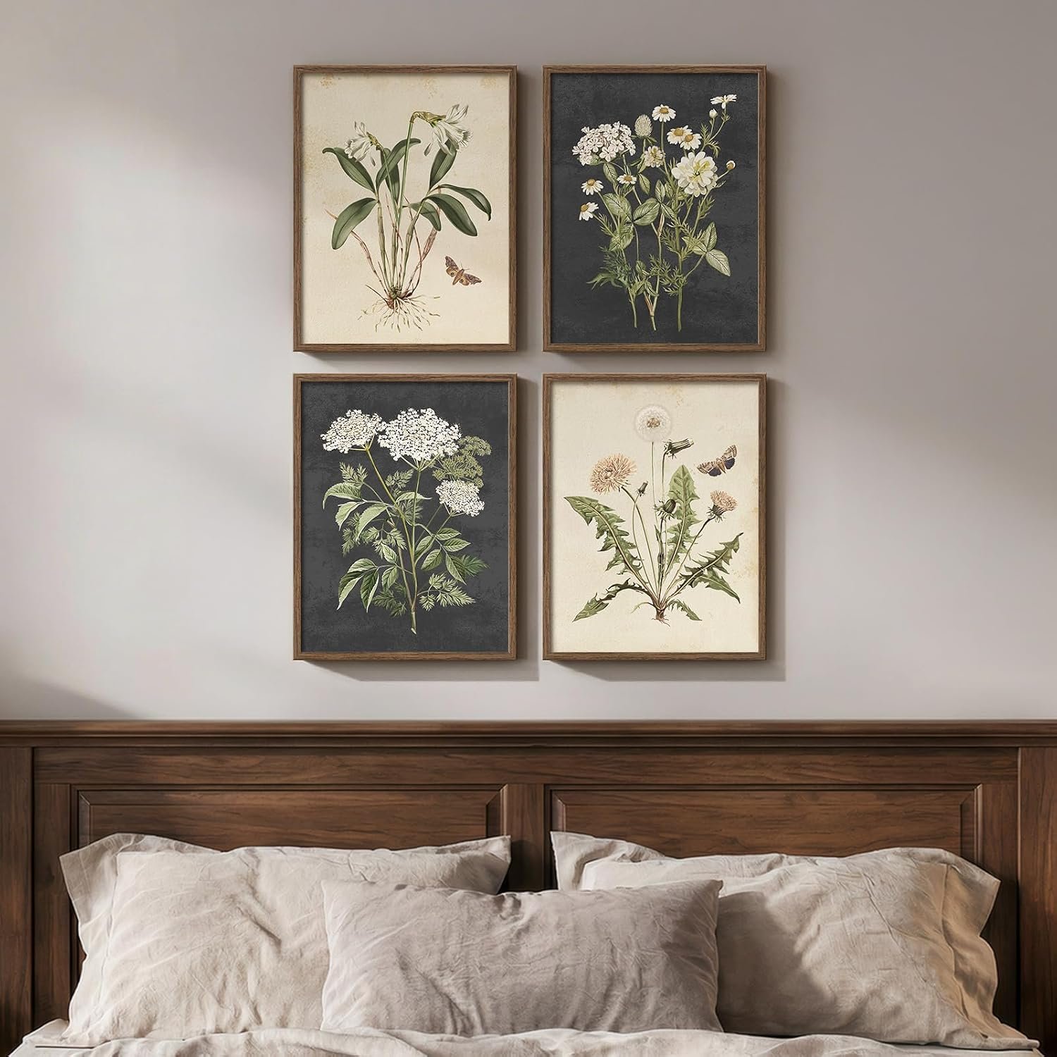 Framed Vintage Botanical Wall Art Bedroom, 4 Piece Rustic Farmhouse Floral Canvas Prints Artwork, Neutral Flower Butterfly Pictures for Modern Farmhouse Living Room Kitchen Bathroom Wall Decor, 11×14