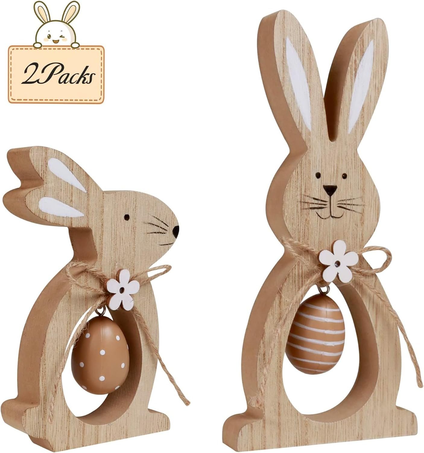 2Pcs Decorations for The Home Farmhouse Rustic Wooden Bunny with Egg Tiered Tray Happy Spring Decoration for Indoor Home Party Tabletop Decoration Easter Gifts