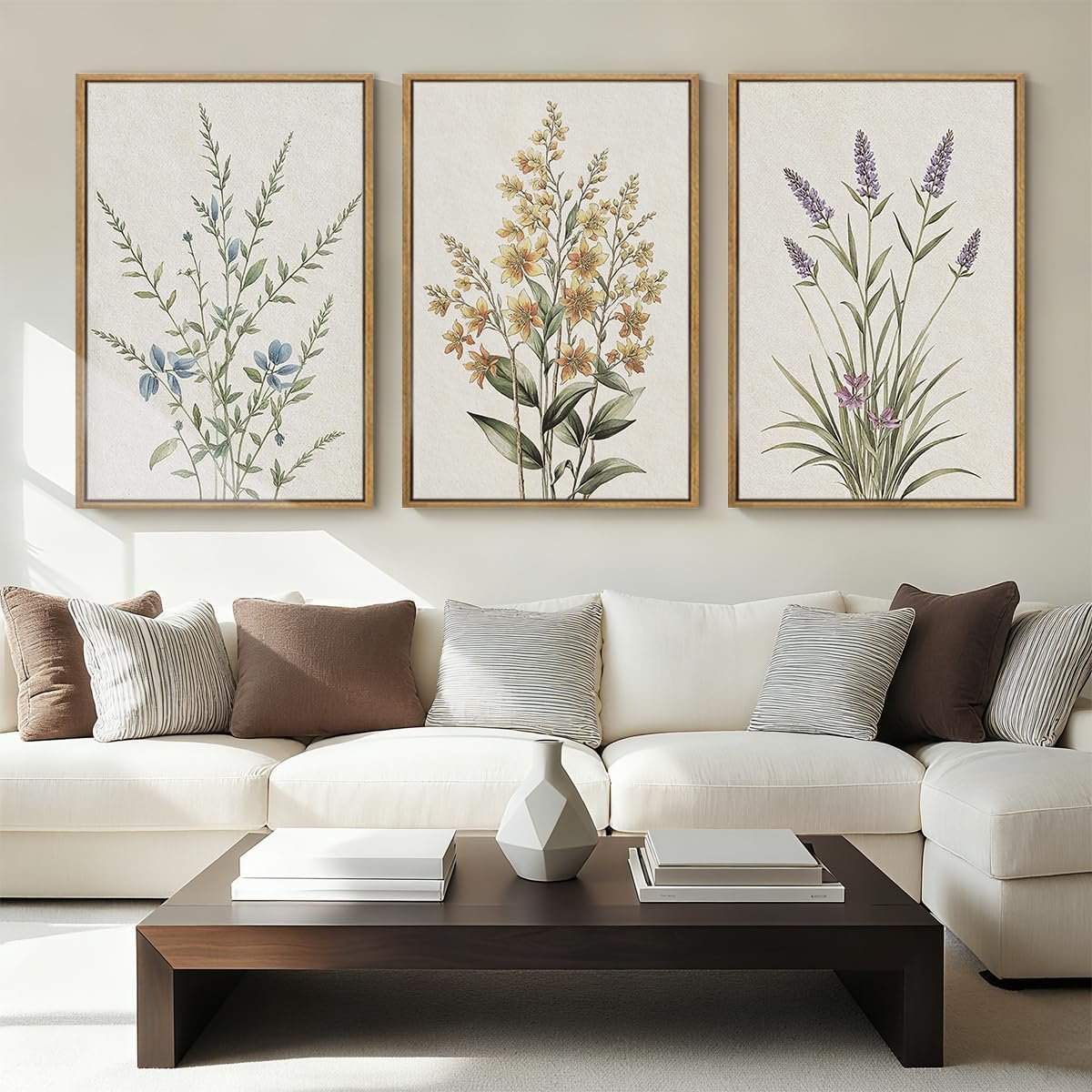 Anyzal Botanical Floral Framed Wall Art Large 16×24 Inch Modern Neutral Wildflower Canvas Art Prints Beige Cream Flower Wall Decor for Living Room Bedroom Dining Room Set of 3