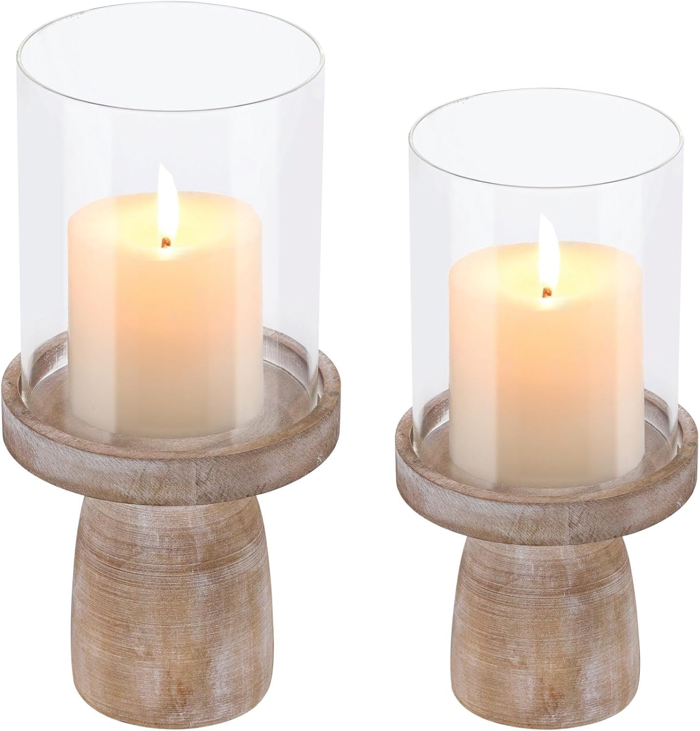 4″ & 5″ Glass Hurricane Candle Holders with Distressed Brown Solid Wooden Base in Set of 2, Decorative Centerpiece for Home, Coffee Table, Fireplace Mantel, Wedding, Modern Farmhouse Style