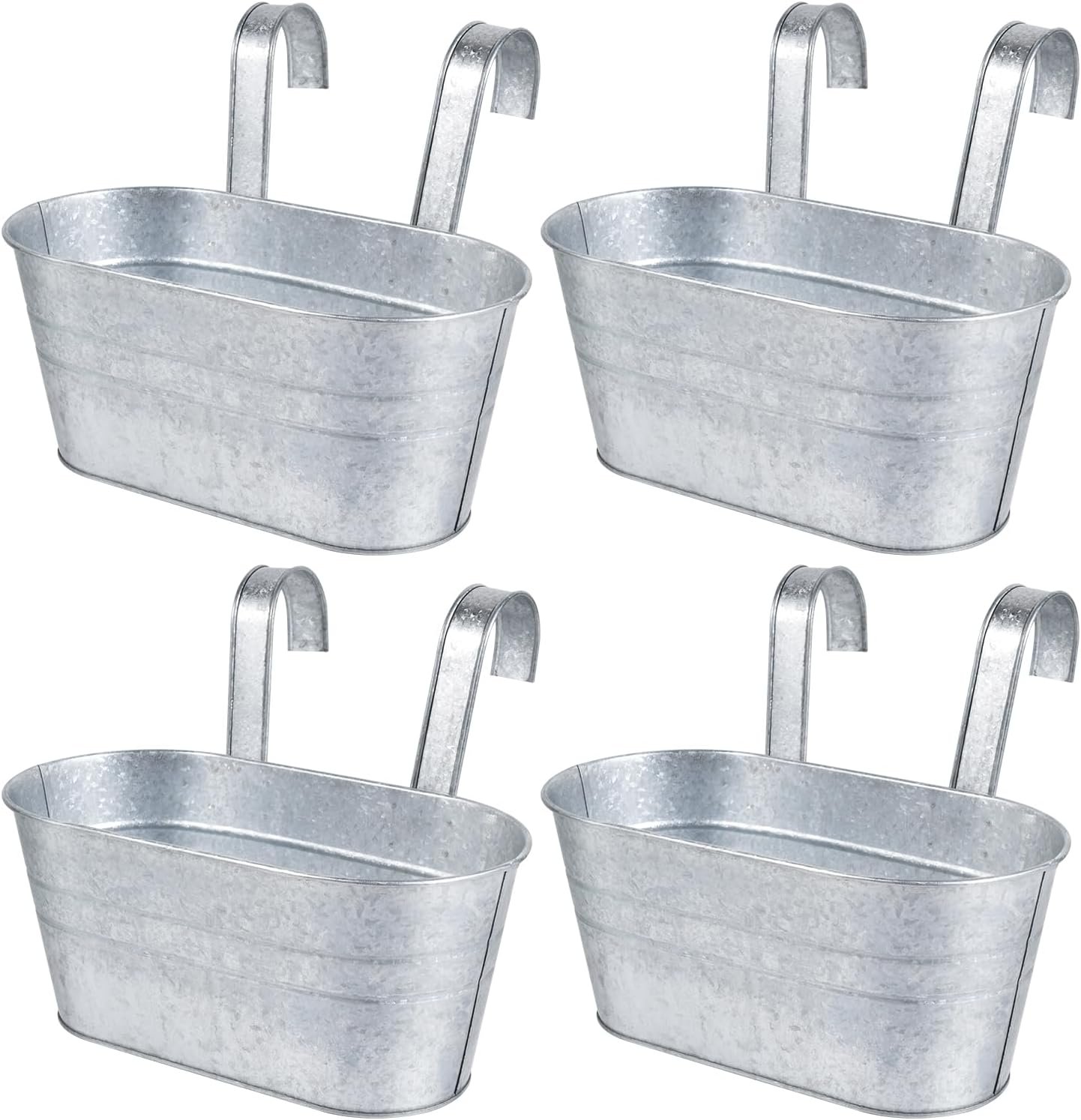 OBTANIM 4 Pack Metal Hanging Flower Pots Iron Railing Planter Outdoor Fence Hanging Pots Bucket Plant Holder with Detachable Hooks Drain Holes for Home Garden Yard Decor (Silvery)