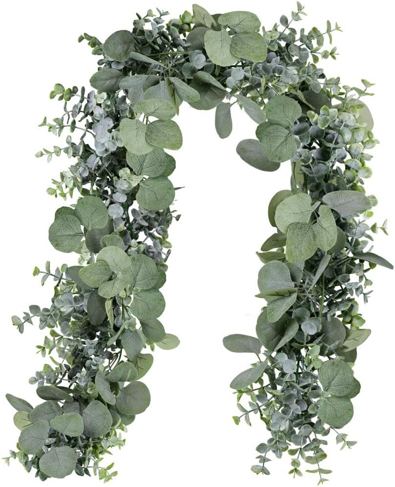 Winlyn 5.9′ Long Faux Silver Dollar Eucalyptus Leaves Greenery Artificial Garland in Grey Green for Wedding Arch Swag Backdrop Doorways Table Runner Indoor Outdoor
