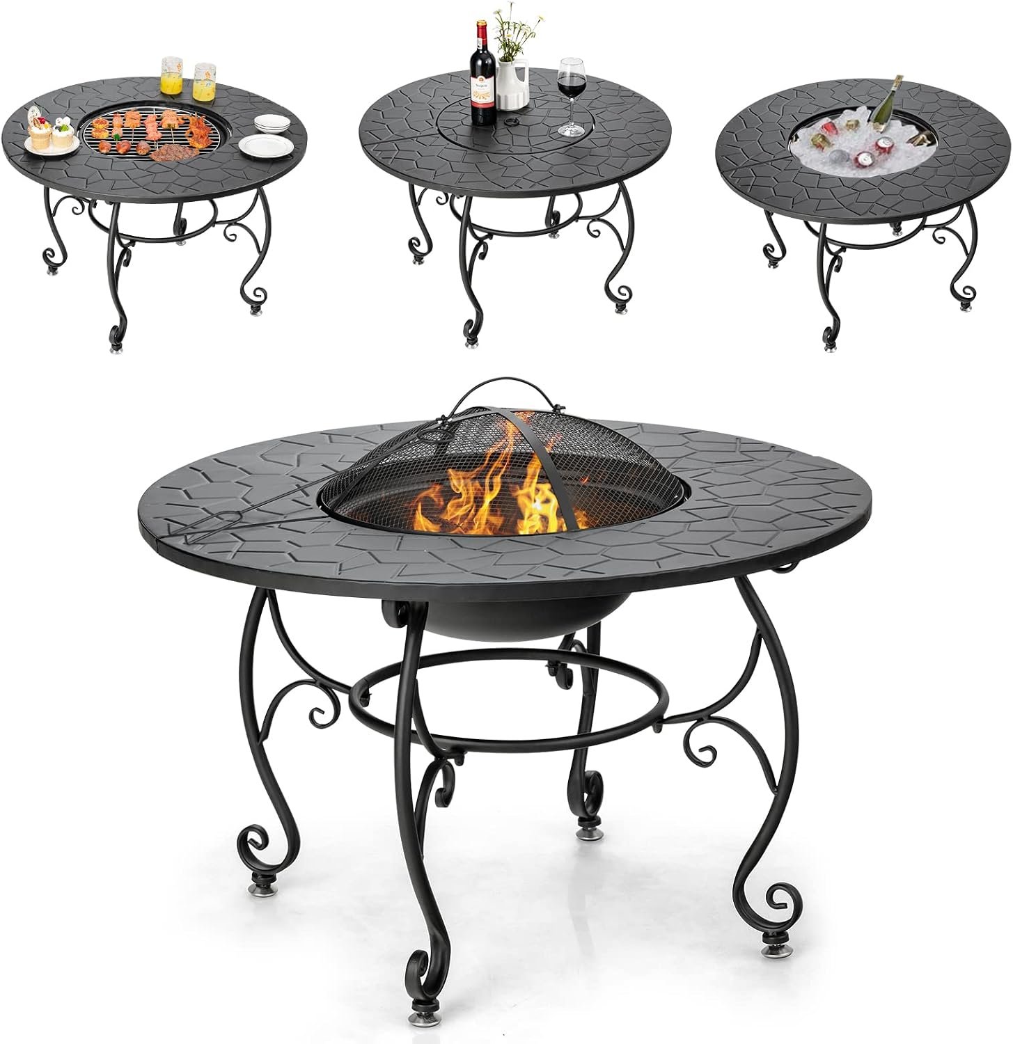 COSTWAY Patio Fire Pit Dining Table, Round Wood Burning Fire Bowl, Outdoor Fire Pit Table with Fire Bowl, Wood Grate, Spark Screen Cover, Lid and Poker, Patio, Garden, Balcony