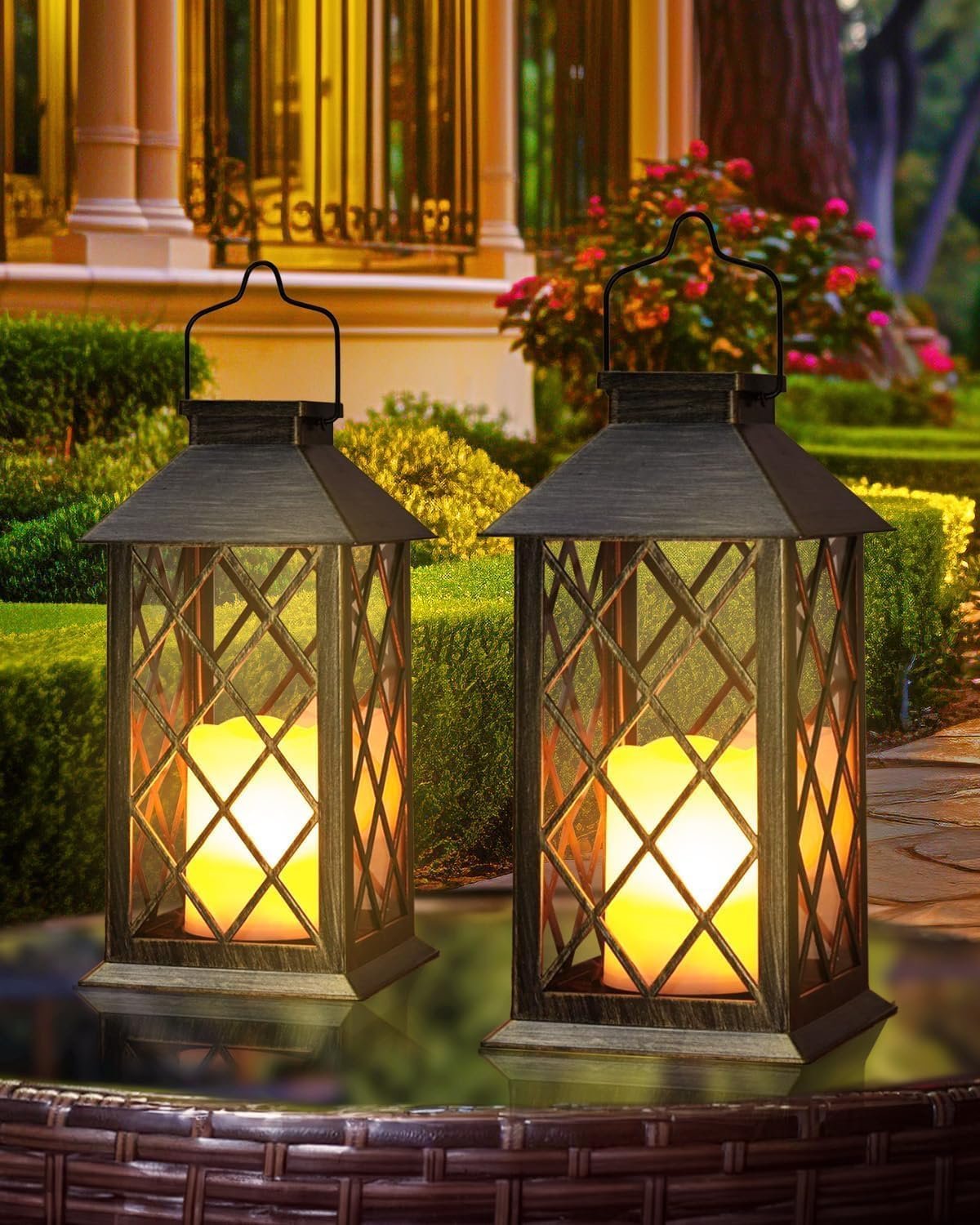 Otdair Solar Lanterns Outdoor Waterproof, 2 Pack 14″ Hanging Flickering LED | Auto dusk-to-dawn; Flickering flame effect; 7–8h Runtime; IP65 waterproof; Retro style; Patio yard garden decor; Gift